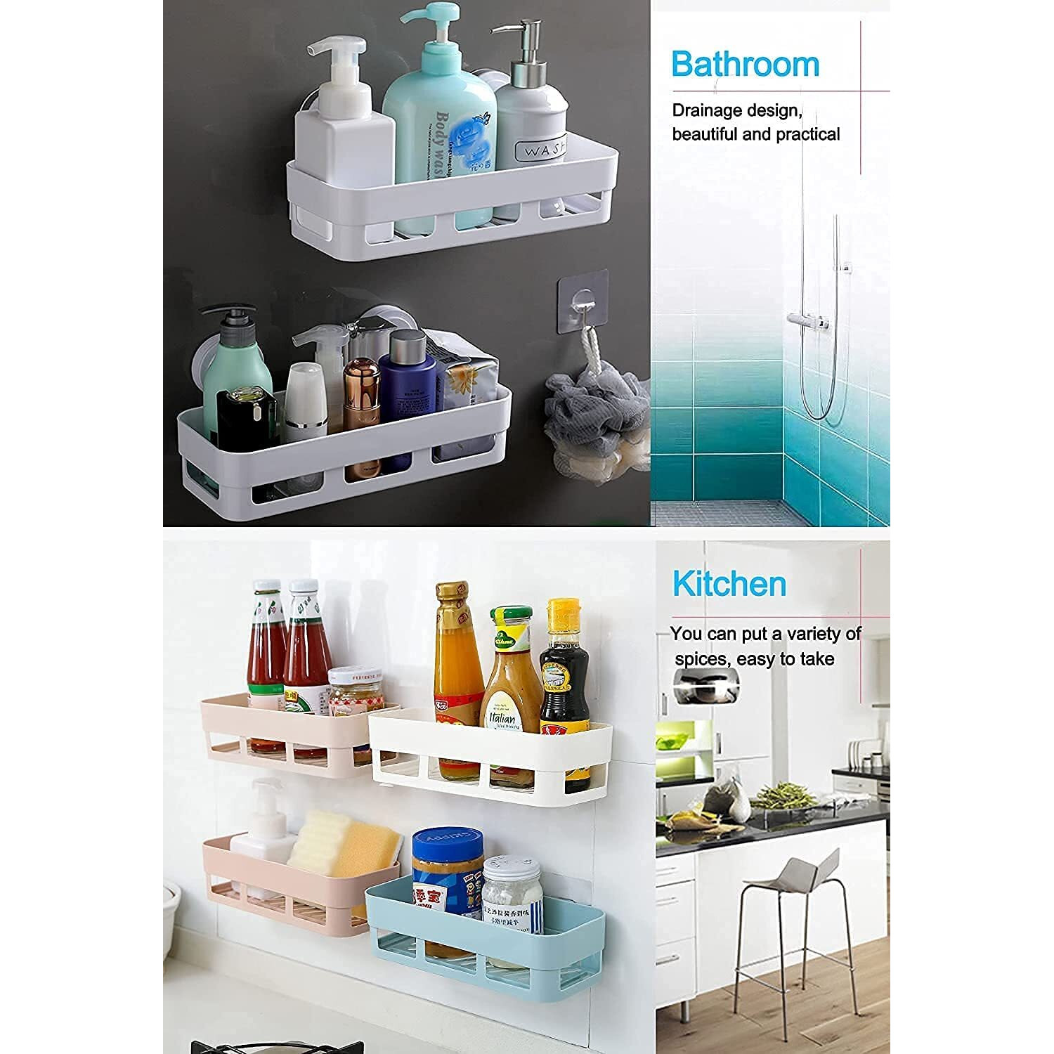 Morivahomes Multipurpose Wall Mount Bathroom Shelf And Rack For Home And Kitchen. Adhesive Sticker Support Without Drilling (1 Bathroom Shelf + 2 Soap Dish + 10 Hooks), Acrylic