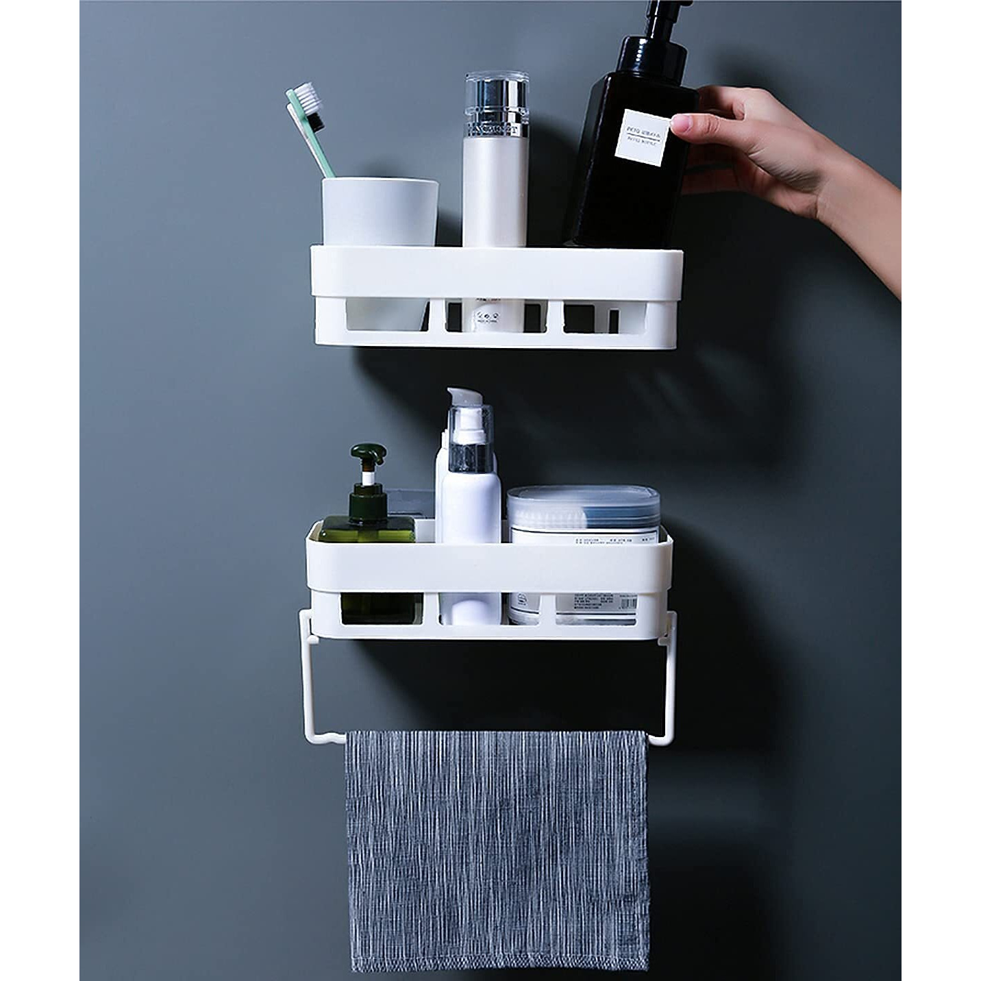 Morivahomes Multipurpose Wall Mount Bathroom Shelf And Rack For Home And Kitchen. Adhesive Sticker Support Without Drilling (2 Bathroom Shelf + 1 Towel Hanger)(Acrylic)