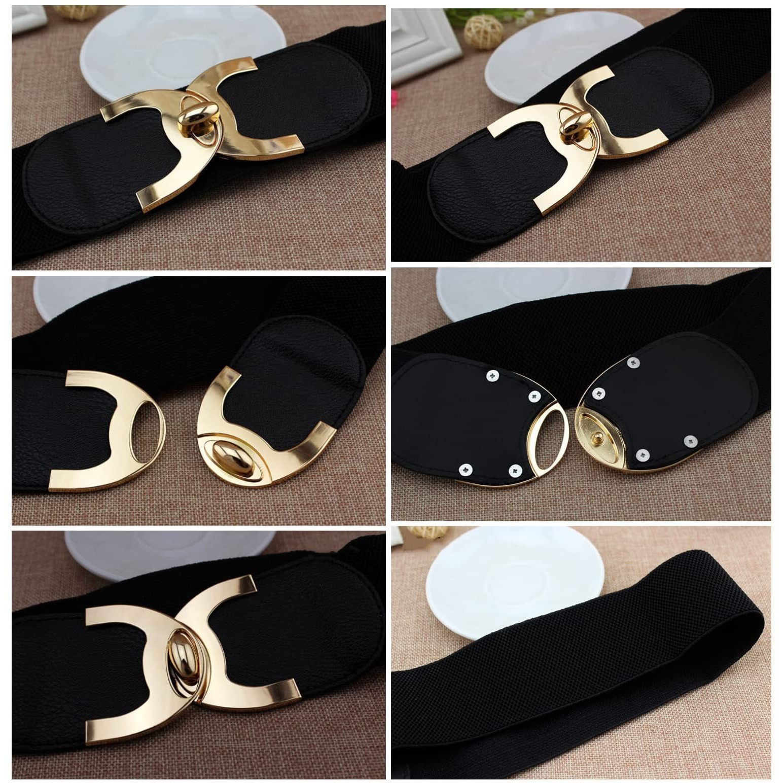 Fdship Women's Stretchy Belt (Black, Elastic & Pu Leather)