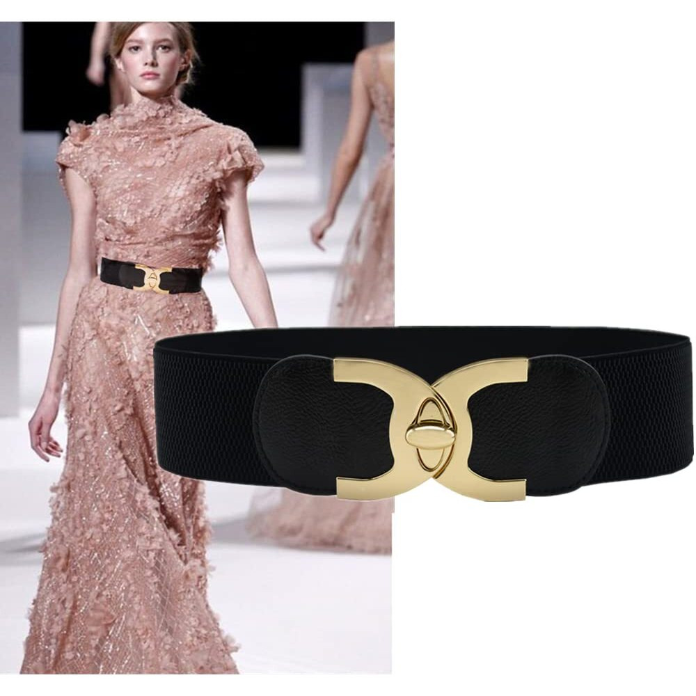 Fdship Women's Stretchy Belt (Black, Elastic & Pu Leather)