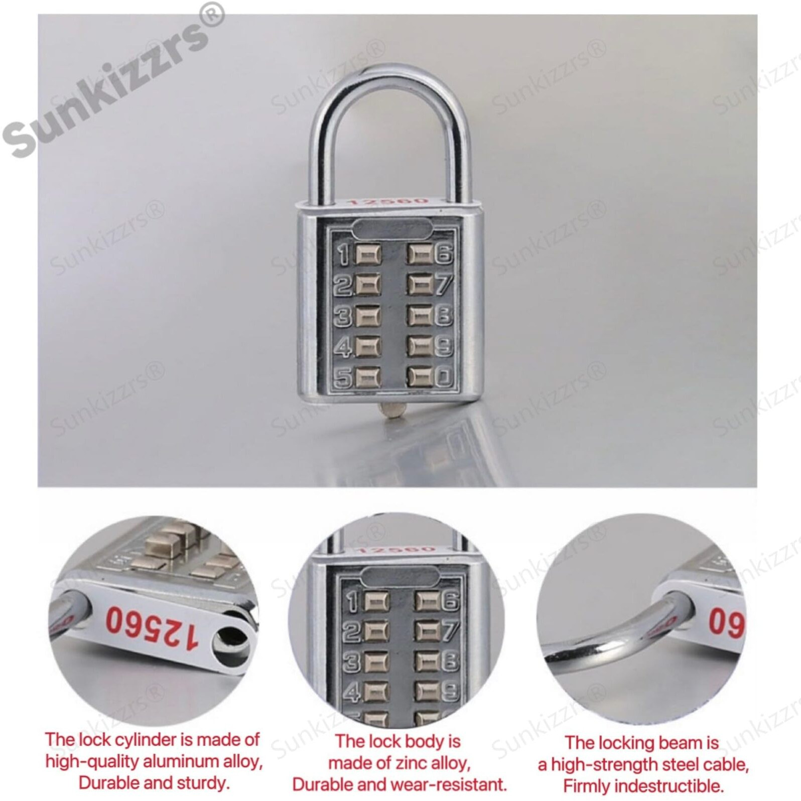 Sunkizzrs 10 Digit Push-Button Combination Number Code Luggage Lock Travel Code Lock Luggage Padlock (Silver)
