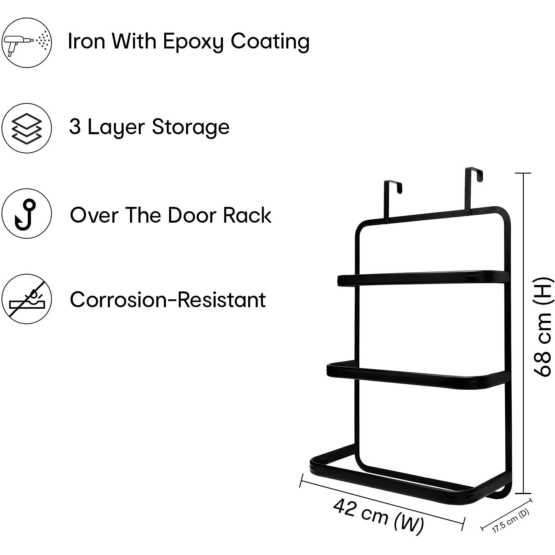Anko Powder-Coated Iron, 3-Tiered Over-The-Door Towel Holder | Towel Hanger For Bathroom | Rustproof & Fast Draining | Black | 68(H) X 42 (W) Cms