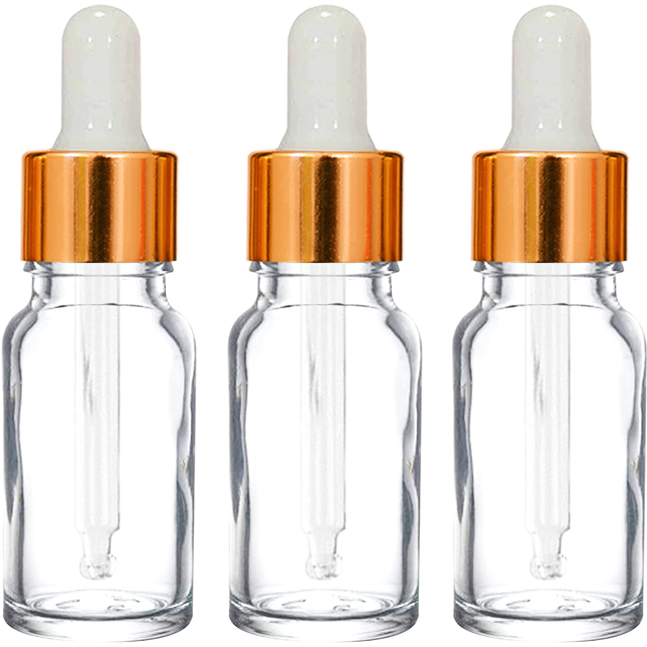 Nsb Herbals 10 Ml Clear/Transparent Round Empty Glass Bottle/Glass Dropper/Golden Ring/Silicon White Teat, Refillable, For Essential Oils, Perfumes (Pack Of 3)