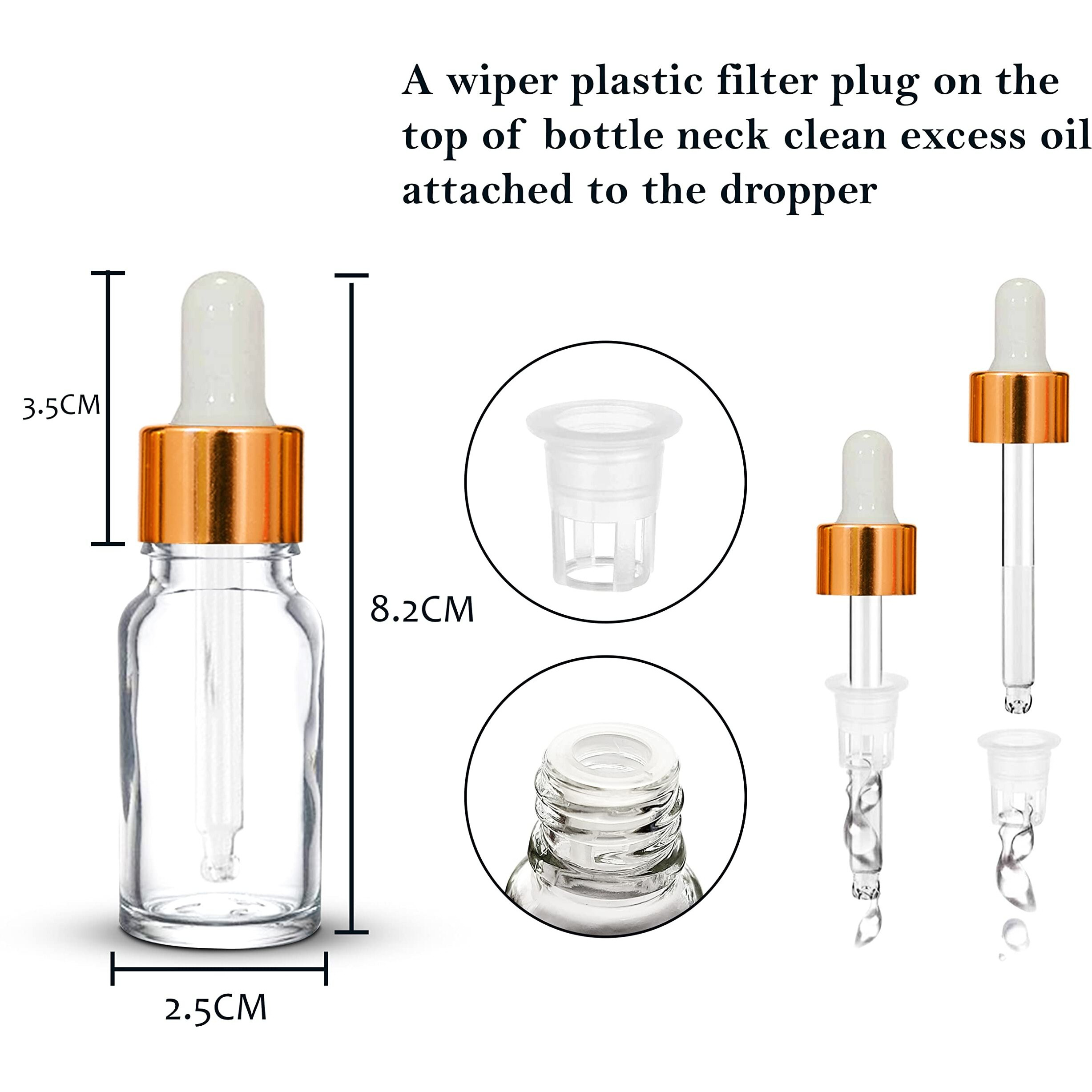 Nsb Herbals 10 Ml Clear/Transparent Round Empty Glass Bottle/Glass Dropper/Golden Ring/Silicon White Teat, Refillable, For Essential Oils, Perfumes (Pack Of 3)