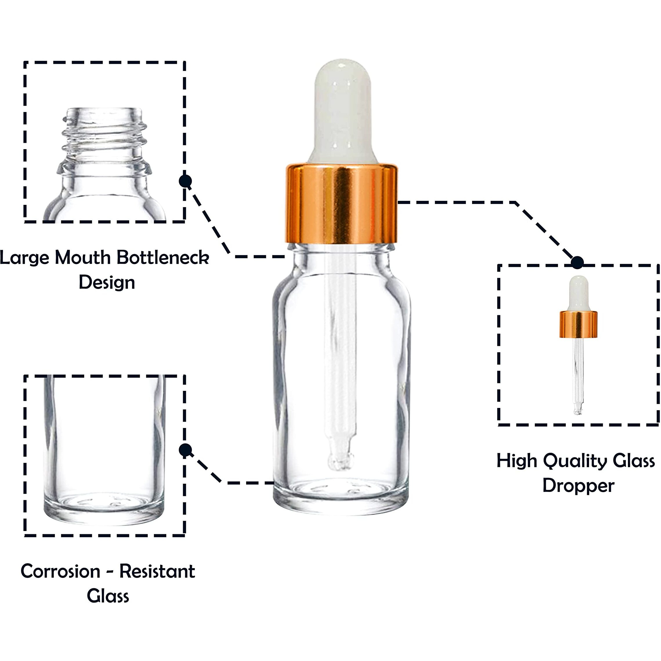 Nsb Herbals 10 Ml Clear/Transparent Round Empty Glass Bottle/Glass Dropper/Golden Ring/Silicon White Teat, Refillable, For Essential Oils, Perfumes (Pack Of 3)