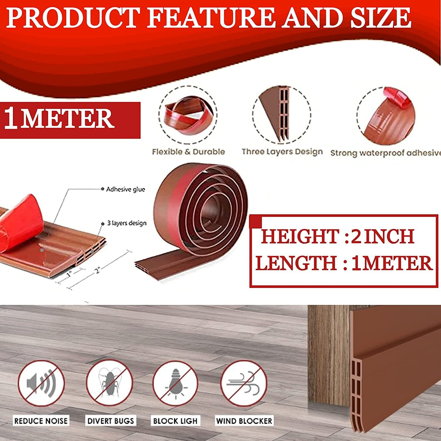 Gaxquly Self-Adhesive Silicon Door/Window Shield Tape Door Bottom Sealing Strip Weather Stripping Door Seal Strip For Air Gap Cockroach Insect Bugs Draft Stopper Waterproof And Soundproof (1 M, Brown)