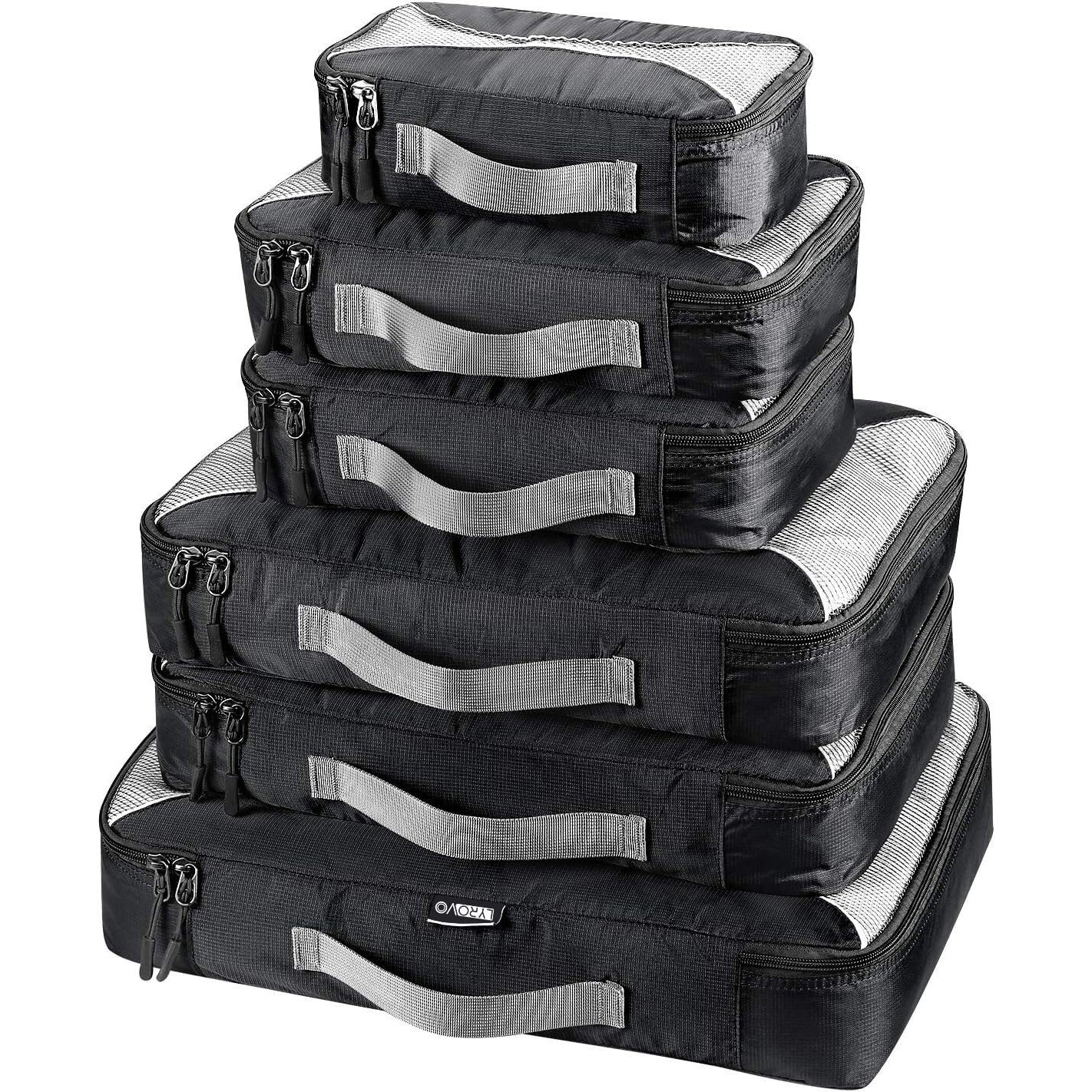 Lyrovo Polyester 6 Set Packing Cubes 6 Various Sizes Travel Luggage Packing Clothes And Undergarment Organizer Bags Set For Men And Women (1S+2M+2L+1Xl, Black)