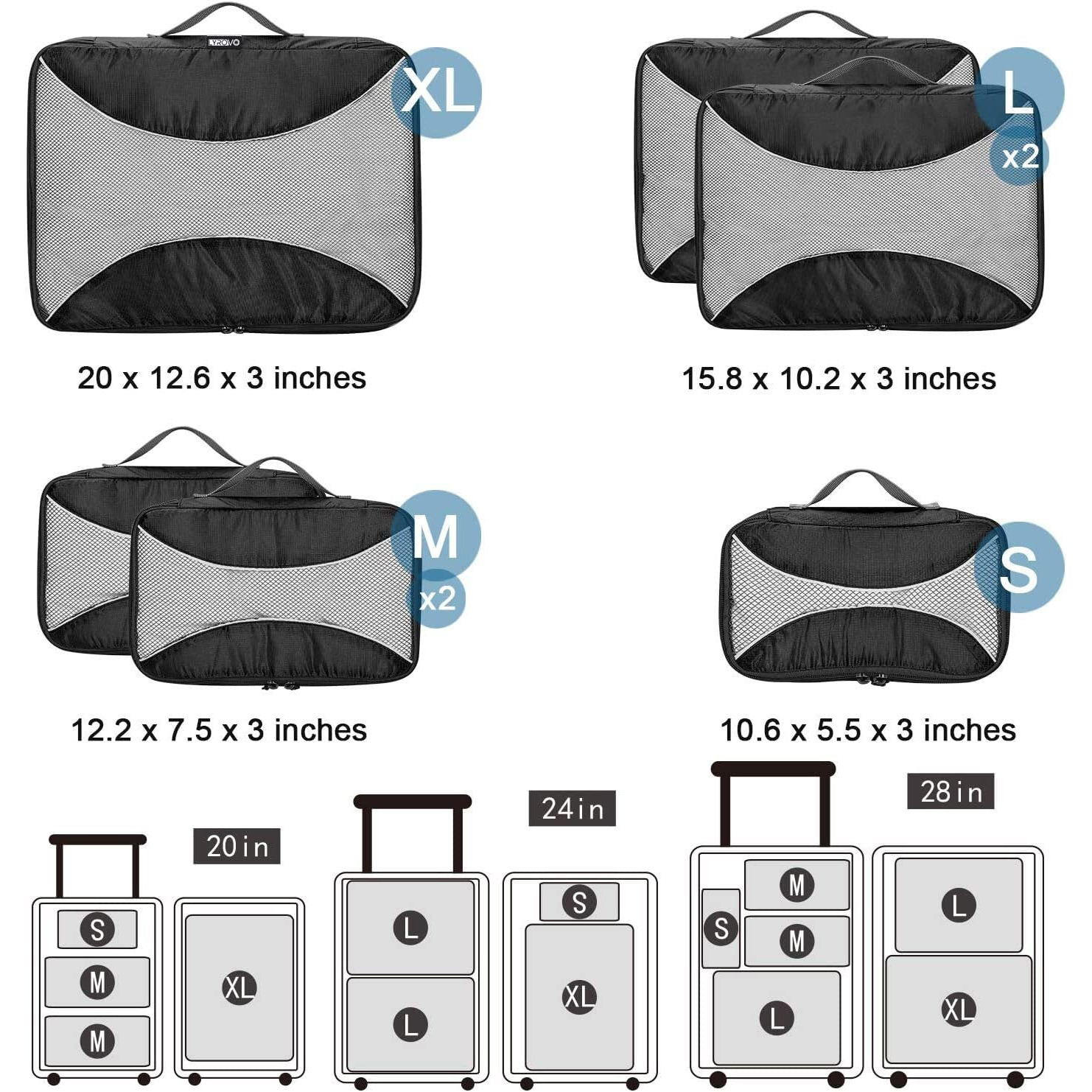 Lyrovo Polyester 6 Set Packing Cubes 6 Various Sizes Travel Luggage Packing Clothes And Undergarment Organizer Bags Set For Men And Women (1S+2M+2L+1Xl, Black)