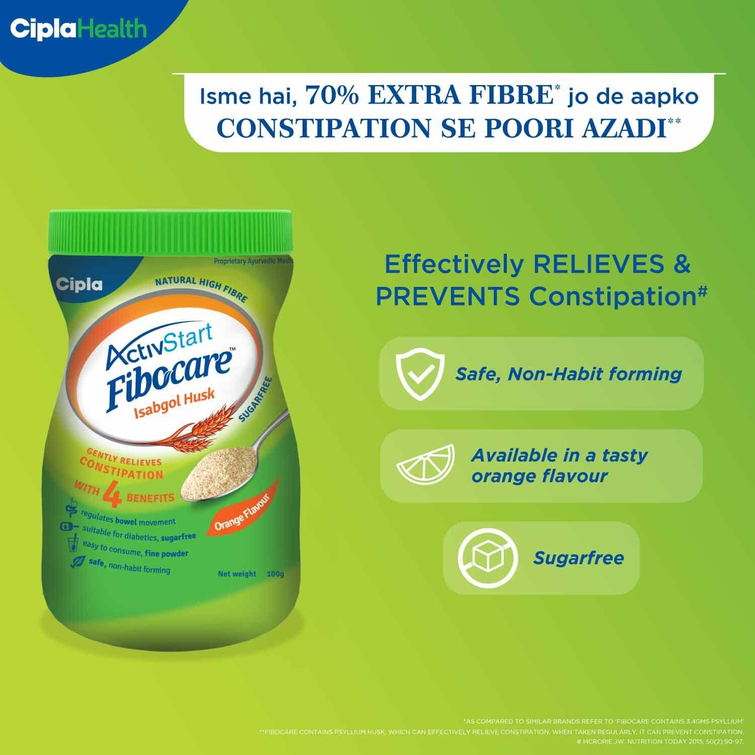 Cipla Fibocare Isabgol Husk Powder | Sugar Free | Effectively Relieves Constipation |Promotes Gut Health | Supports Digestive Health | Pack Of 2, 2 Count, 100 Grams