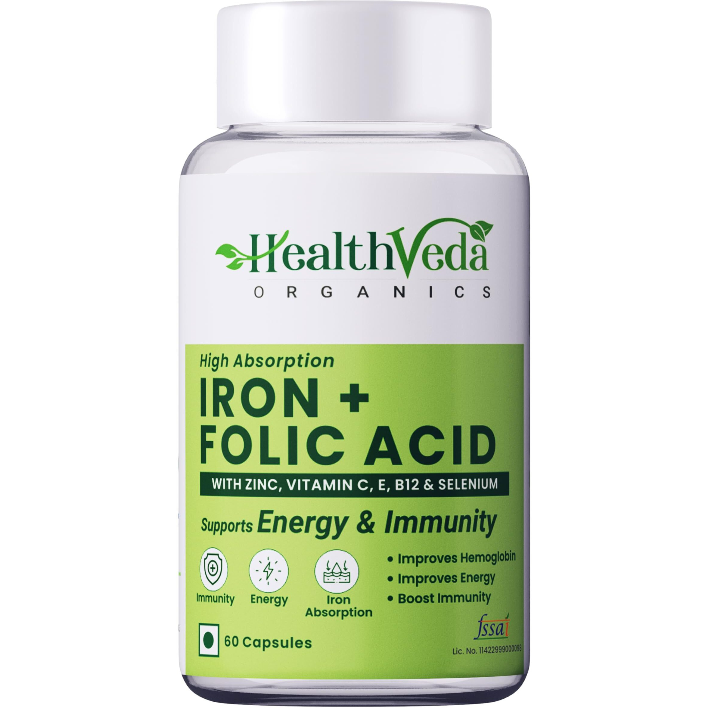 Health Veda Organics Private Limited Chelated Iron Folic Acid Supplement With Zinc, Vitamin C & B12, Zinc & Spinach Leaves | Hemoglobin, Boost Immunity & Maintains Iron Level | 60 Veg Capsules