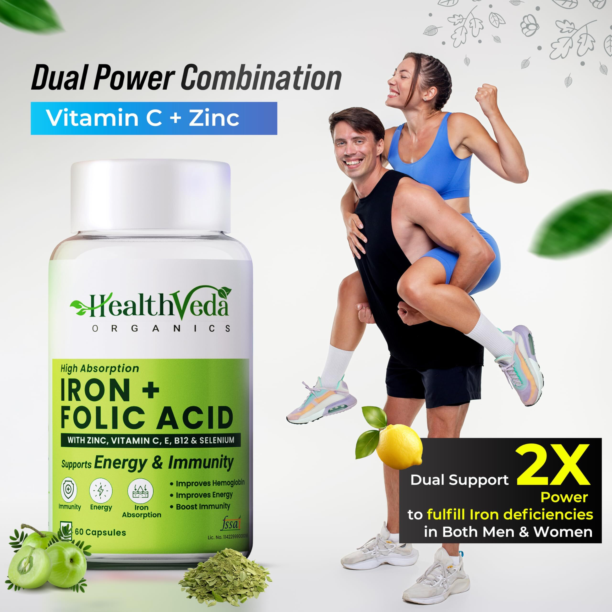 Health Veda Organics Private Limited Chelated Iron Folic Acid Supplement With Zinc, Vitamin C & B12, Zinc & Spinach Leaves | Hemoglobin, Boost Immunity & Maintains Iron Level | 60 Veg Capsules