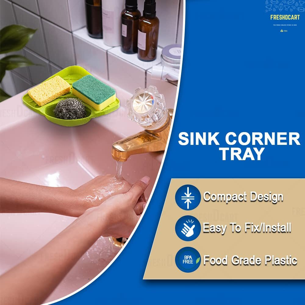Freshdcart Kitchen Sink Corner Tool With Tray Storage Organizer Rack For Soap Dish Wash Basin (Plastic, Green), Pack Of 1, Sinks