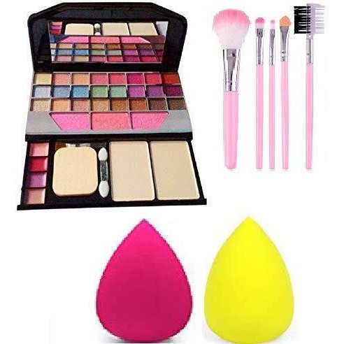 Tya Makeup Eyeshadow Kit + 5 Pcs Makeup Brush + 2 Pc Blender Puff Combo - Multicolor