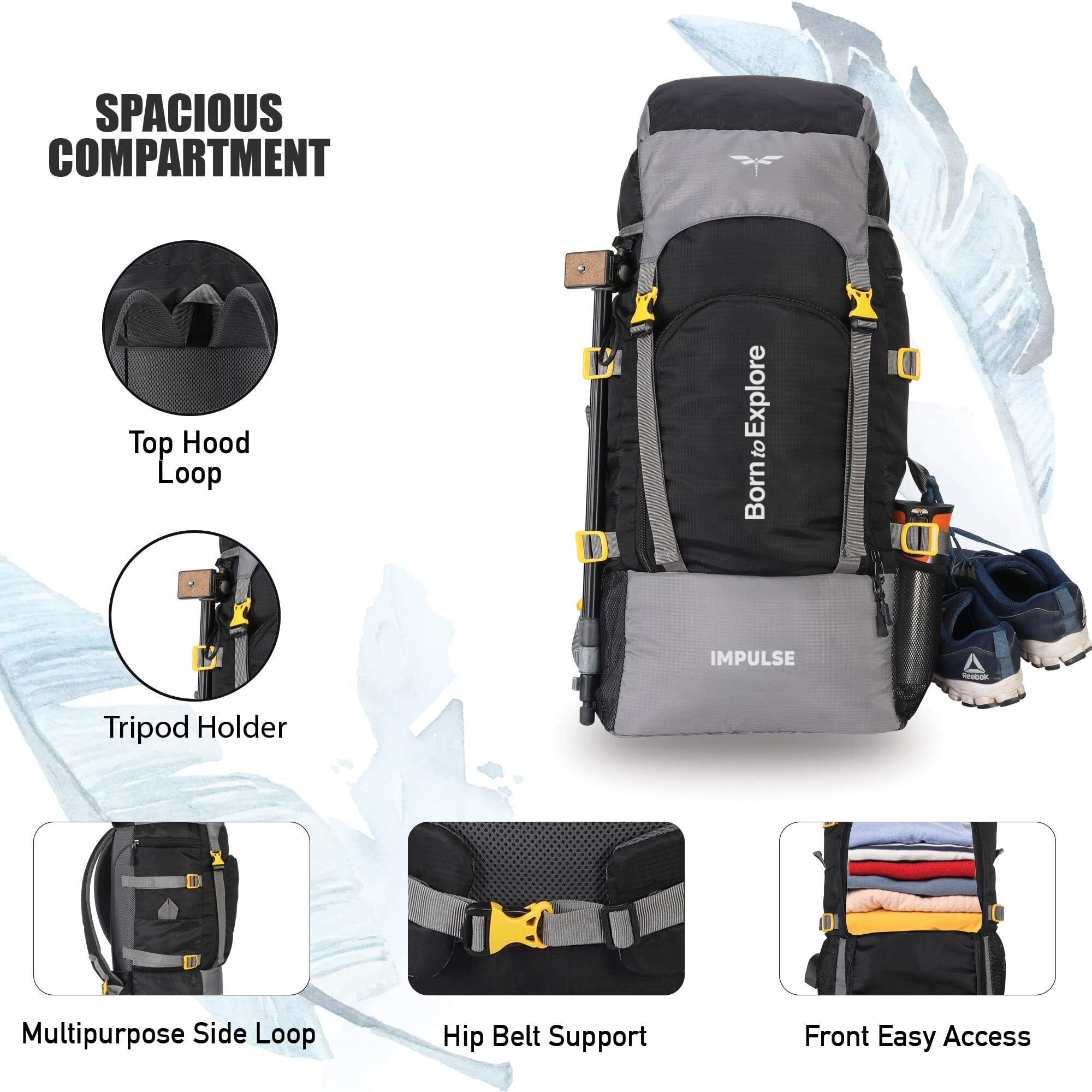 Impulse Rucksack Bags 60 Litres Travel Bag For Men Tourist Bags For Travel Backpack For Hiking Trekking Bag For Men Camping Keep Discovering Light Black With 1 Year Warranty One Size
