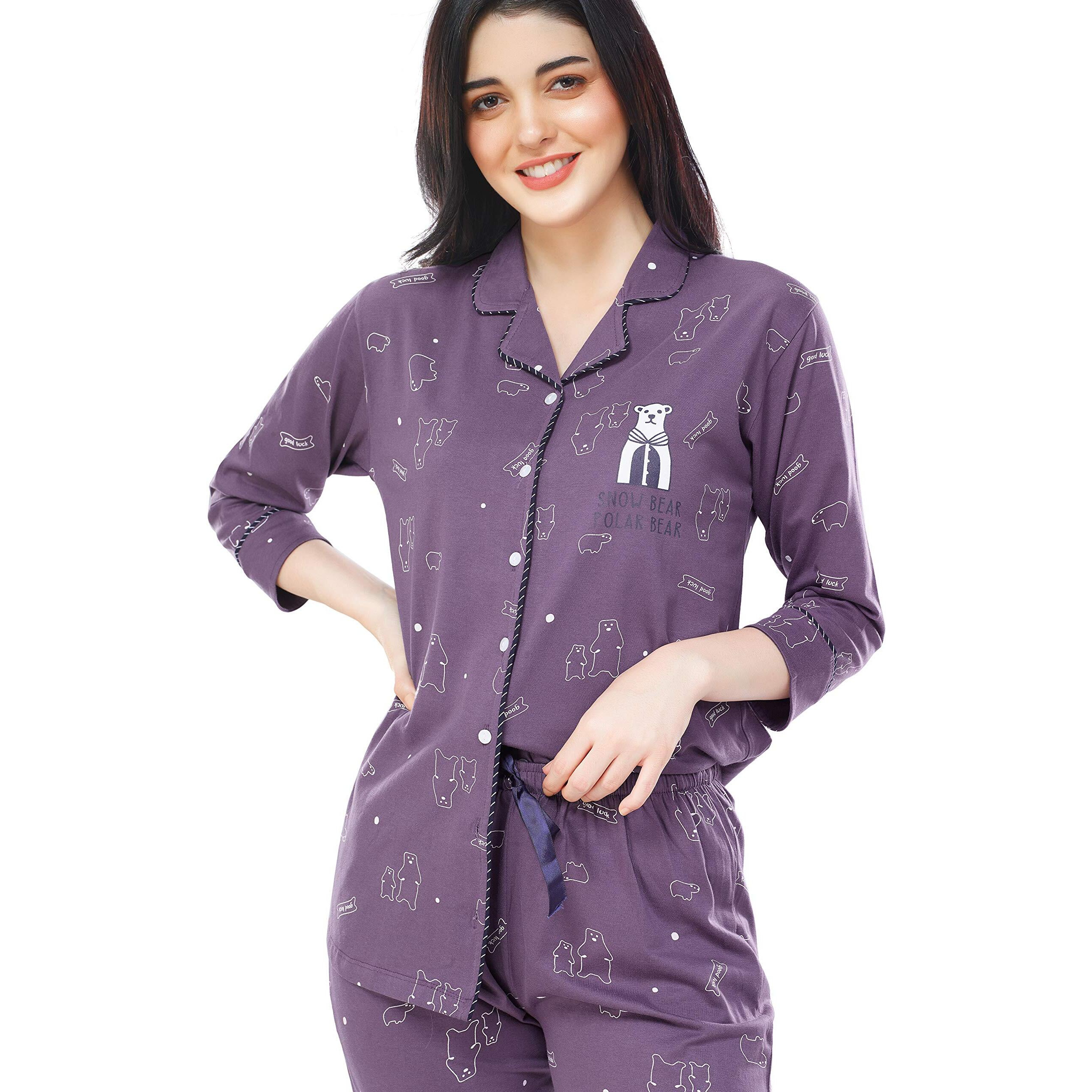 Zeyo Women's Cotton Bear Printed Pajama Set Night Suit Set Of Shirt & Pyjama 5270 (Purple 4Xl)