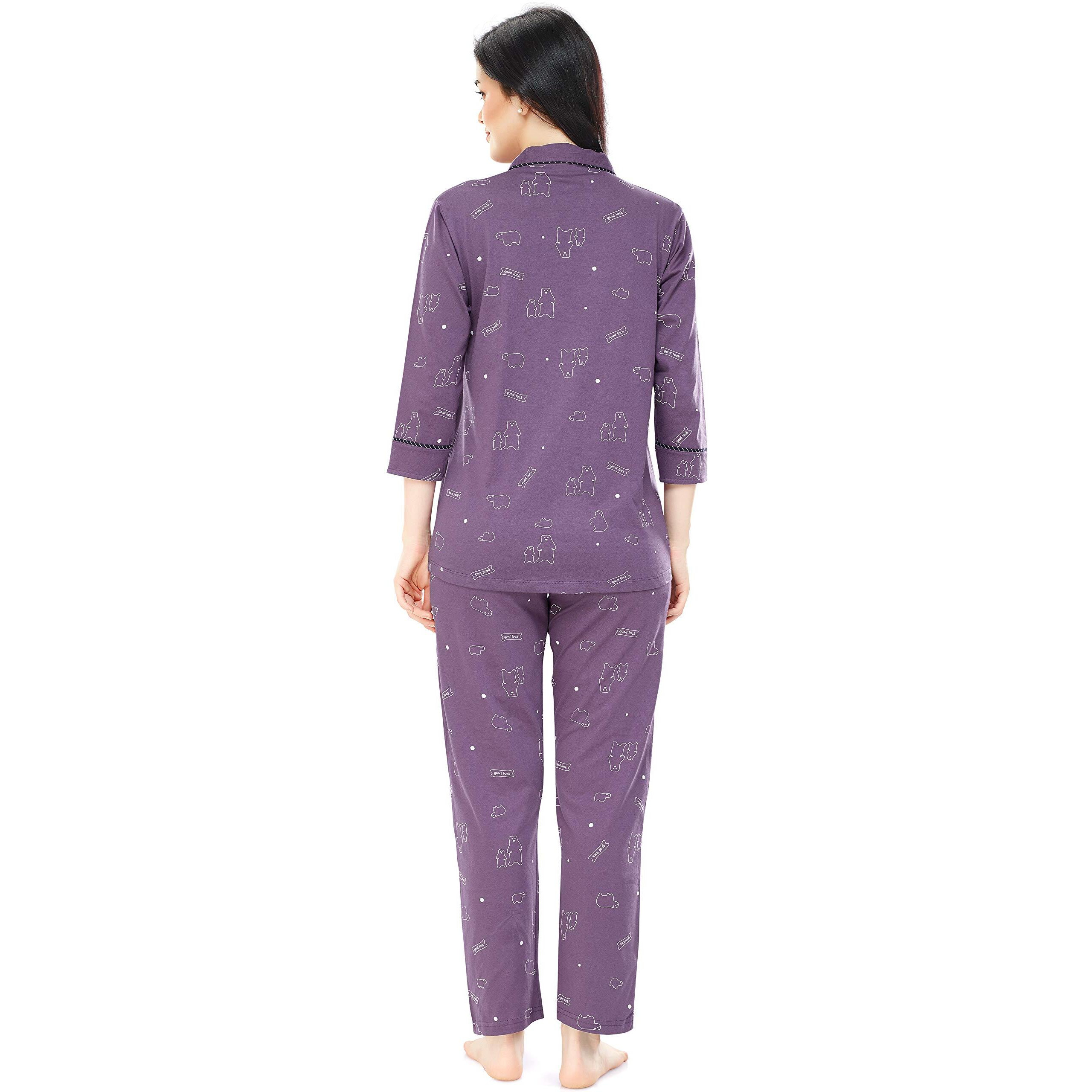Zeyo Women's Cotton Bear Printed Pajama Set Night Suit Set Of Shirt & Pyjama 5270 (Purple 4Xl)