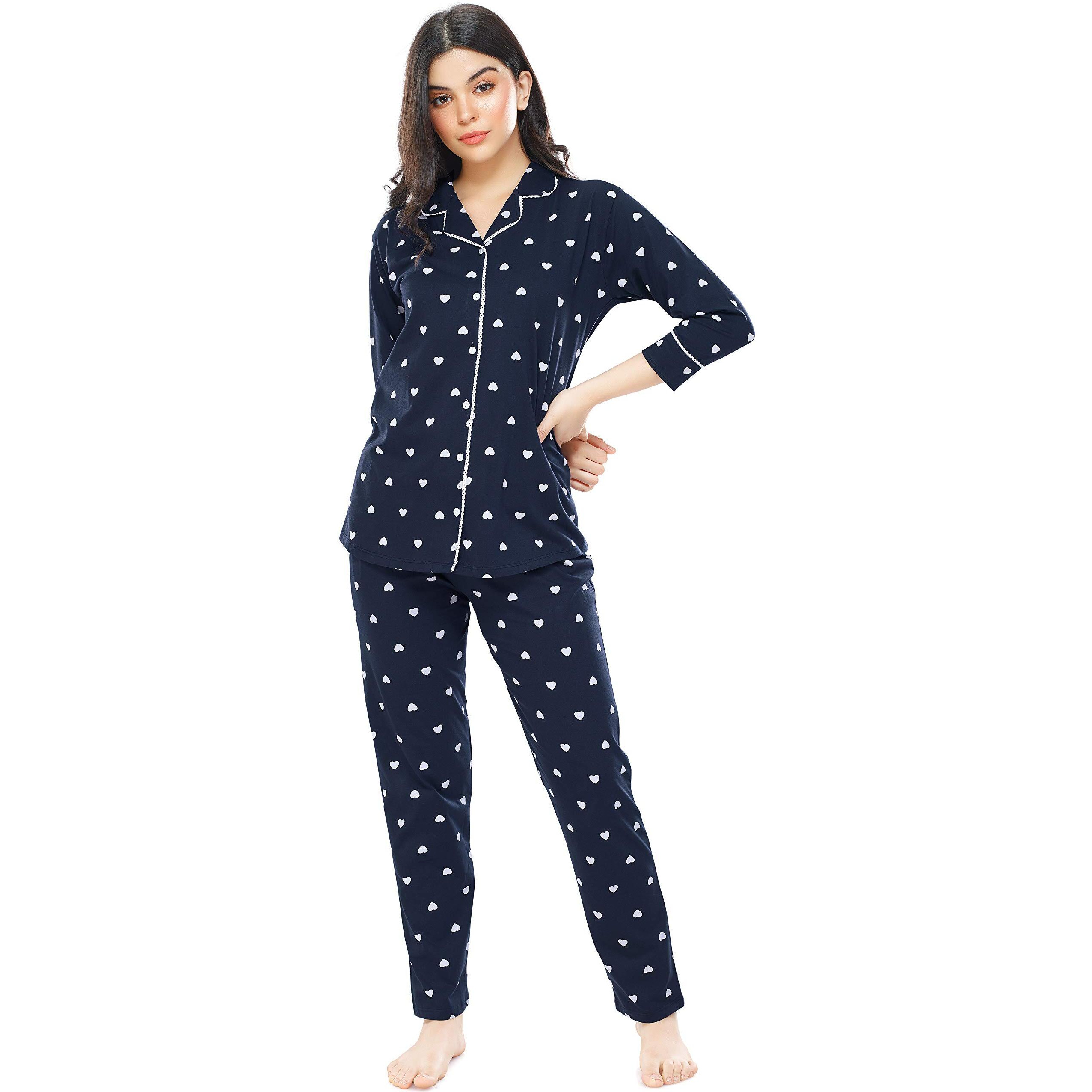 Zeyo Women's Cotton Heart Printed Pajama Set Night Suit Set Of Shirt & Pyjama 5274 (Navy Blue 3Xl )