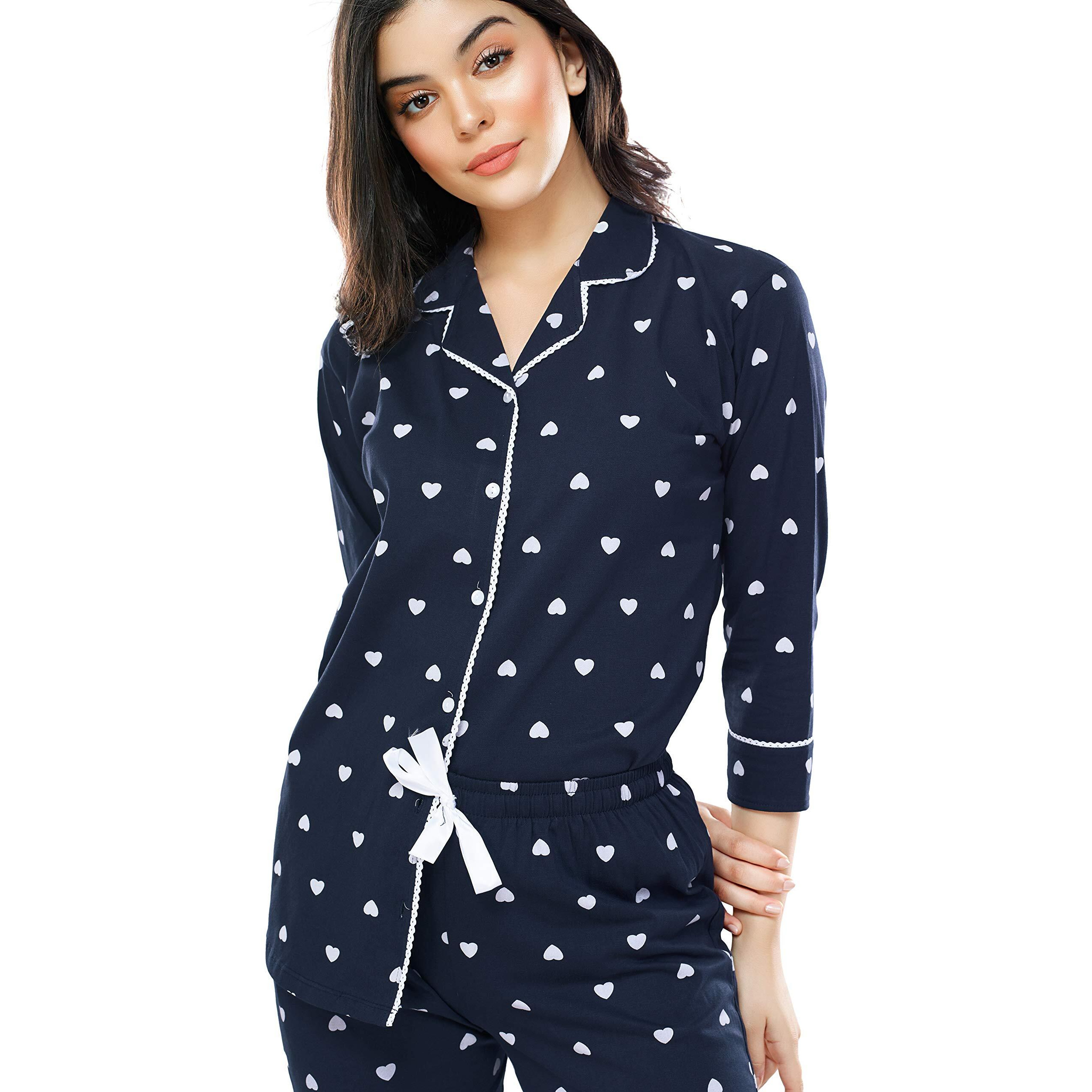 Zeyo Women's Cotton Heart Printed Pajama Set Night Suit Set Of Shirt & Pyjama 5274 (Navy Blue 3Xl )