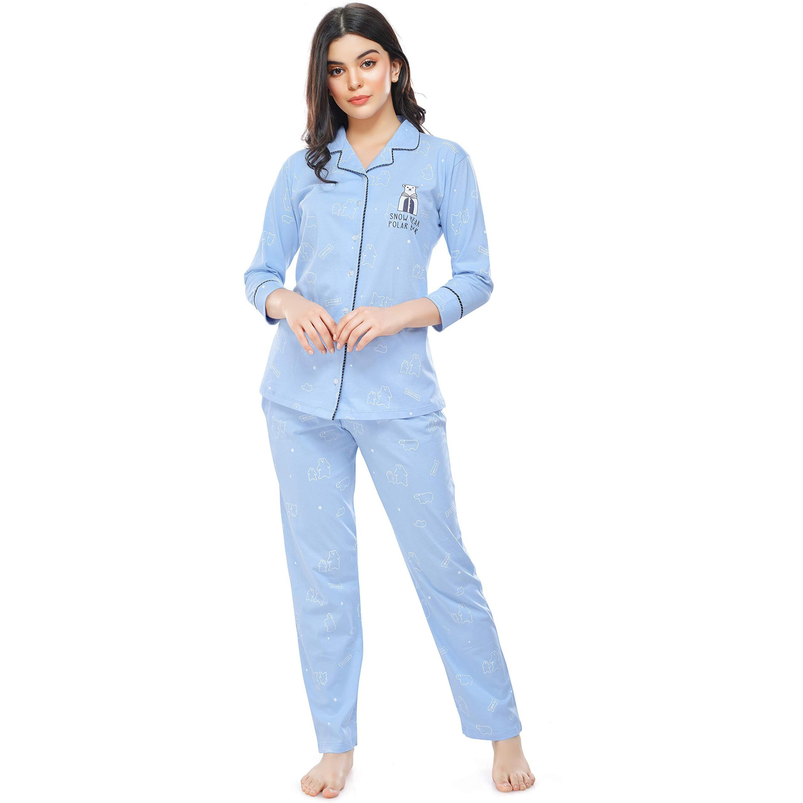 Zeyo Women's Cotton Bear Printed Night Suit Set Of Shirt & Pyjama 5270 (Blue Xxxxx-Large)