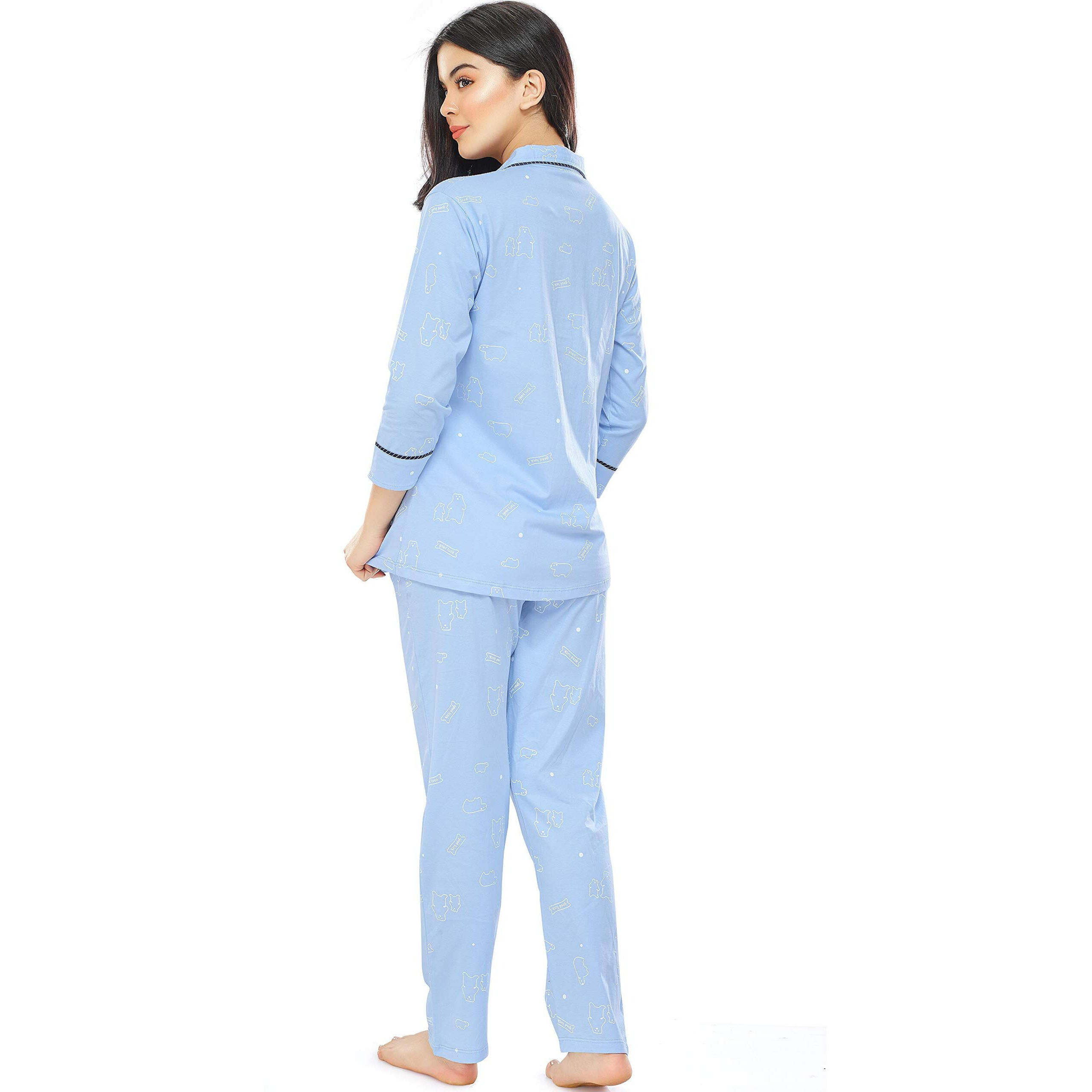 Zeyo Women's Cotton Bear Printed Night Suit Set Of Shirt & Pyjama 5270 (Blue Xxxxx-Large)