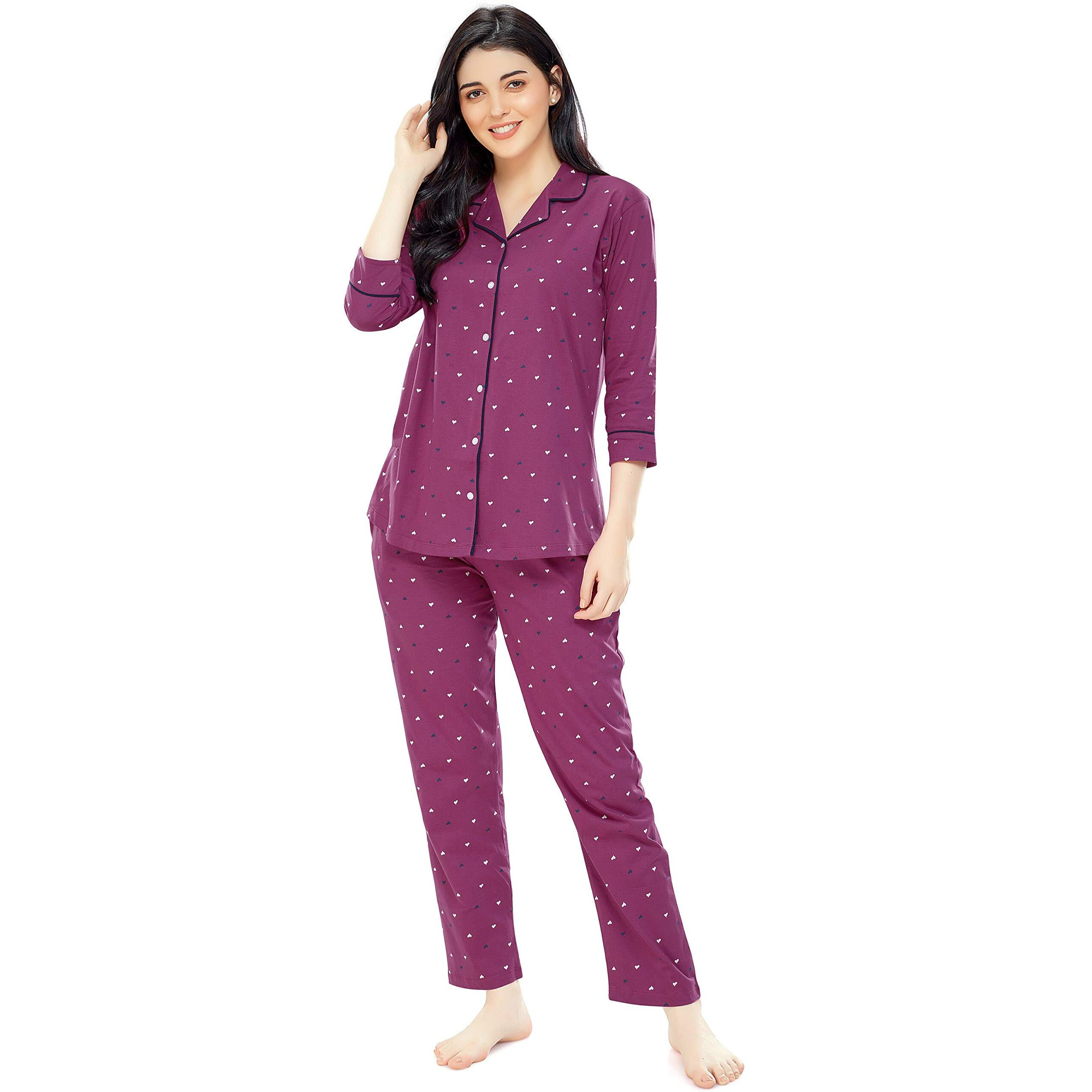Zeyo Women's Cotton Heart Printed Night Suit Set Of Shirt & Pyjama 5152 (Plumred, Xxxx-Large)