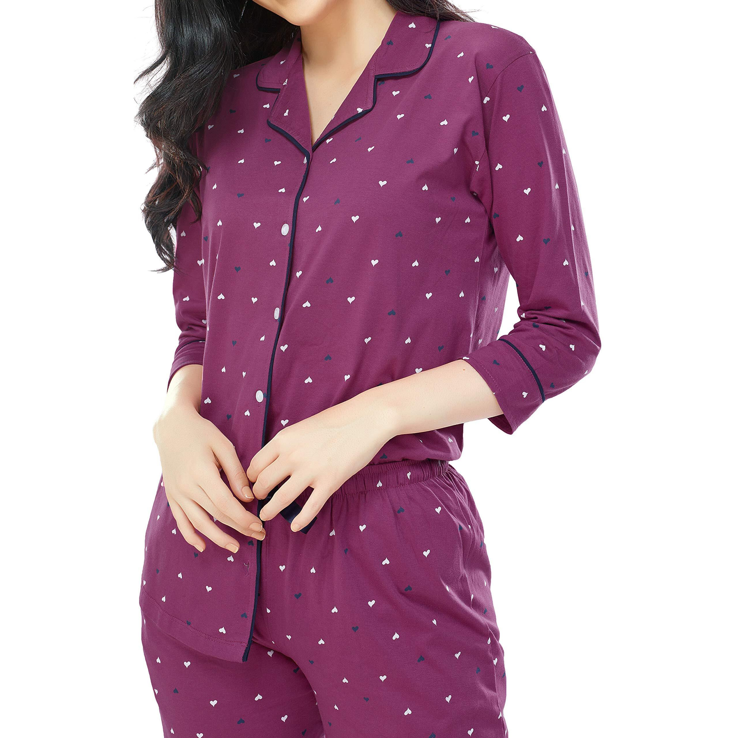 Zeyo Women's Cotton Heart Printed Night Suit Set Of Shirt & Pyjama 5152 (Plumred, Xxxx-Large)