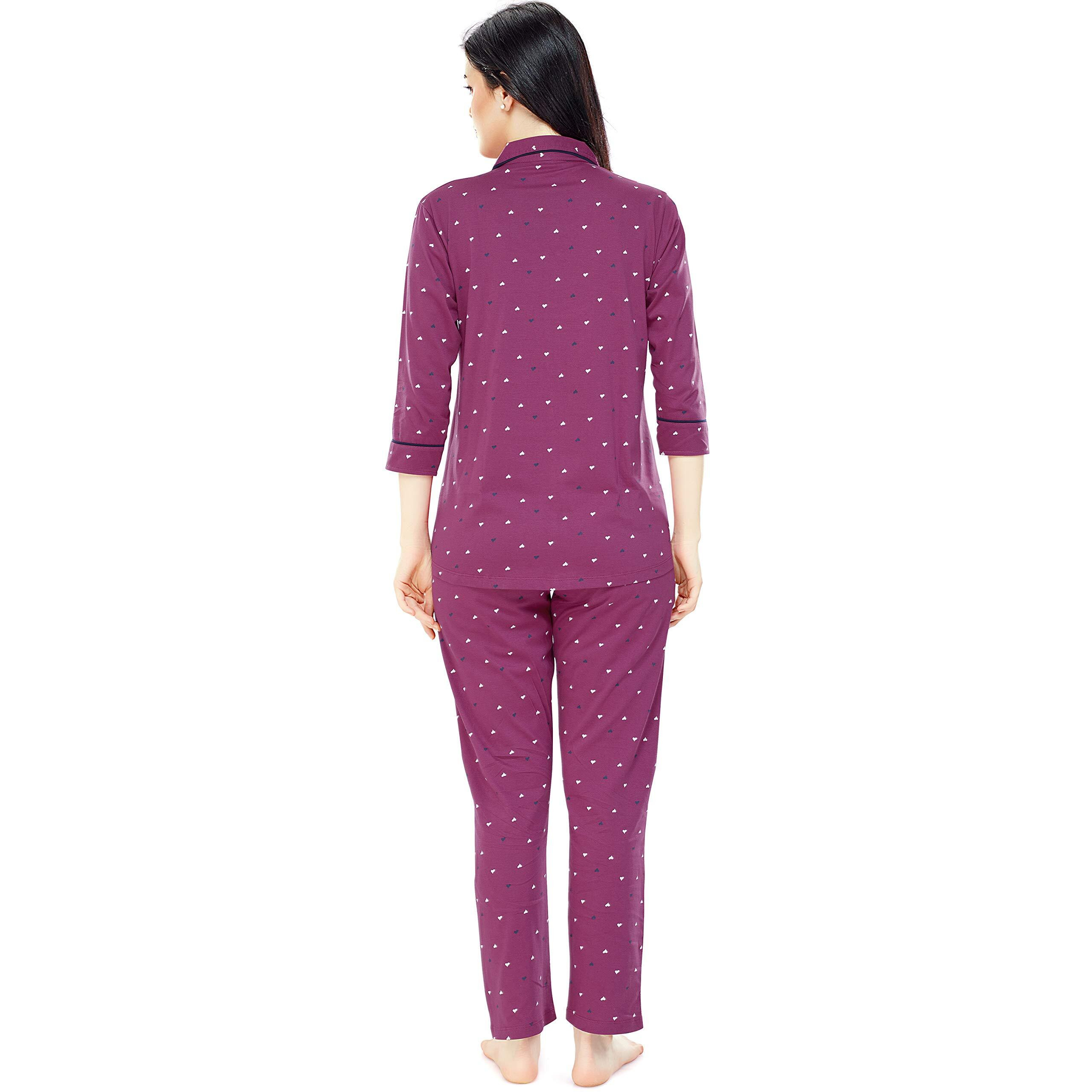 Zeyo Women's Cotton Heart Printed Night Suit Set Of Shirt & Pyjama 5152 (Plumred, Xxxx-Large)