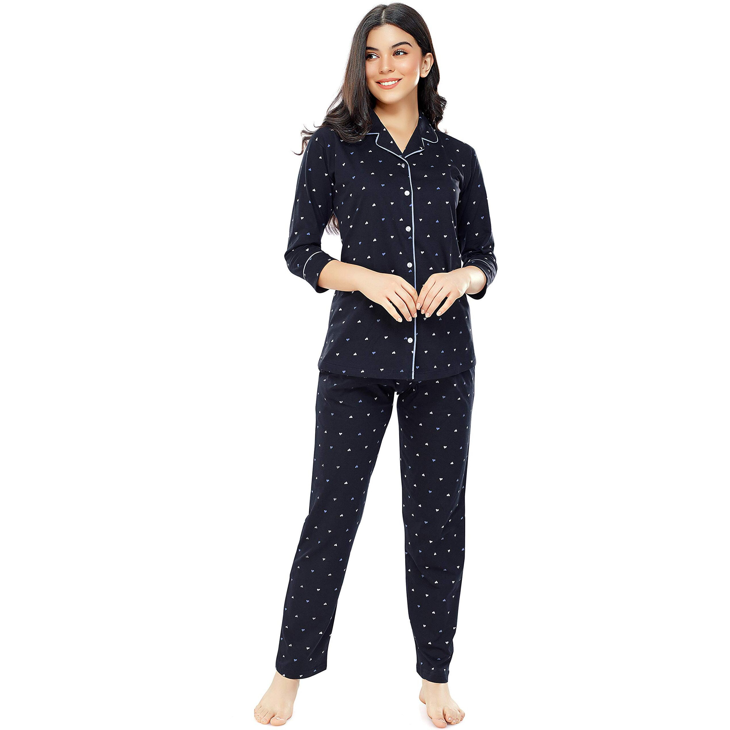 Zeyo Women's Cotton Heart Printed Night Suit Set Of Shirt & Pyjama 5152 (Navy Blue, Xxx-Large)