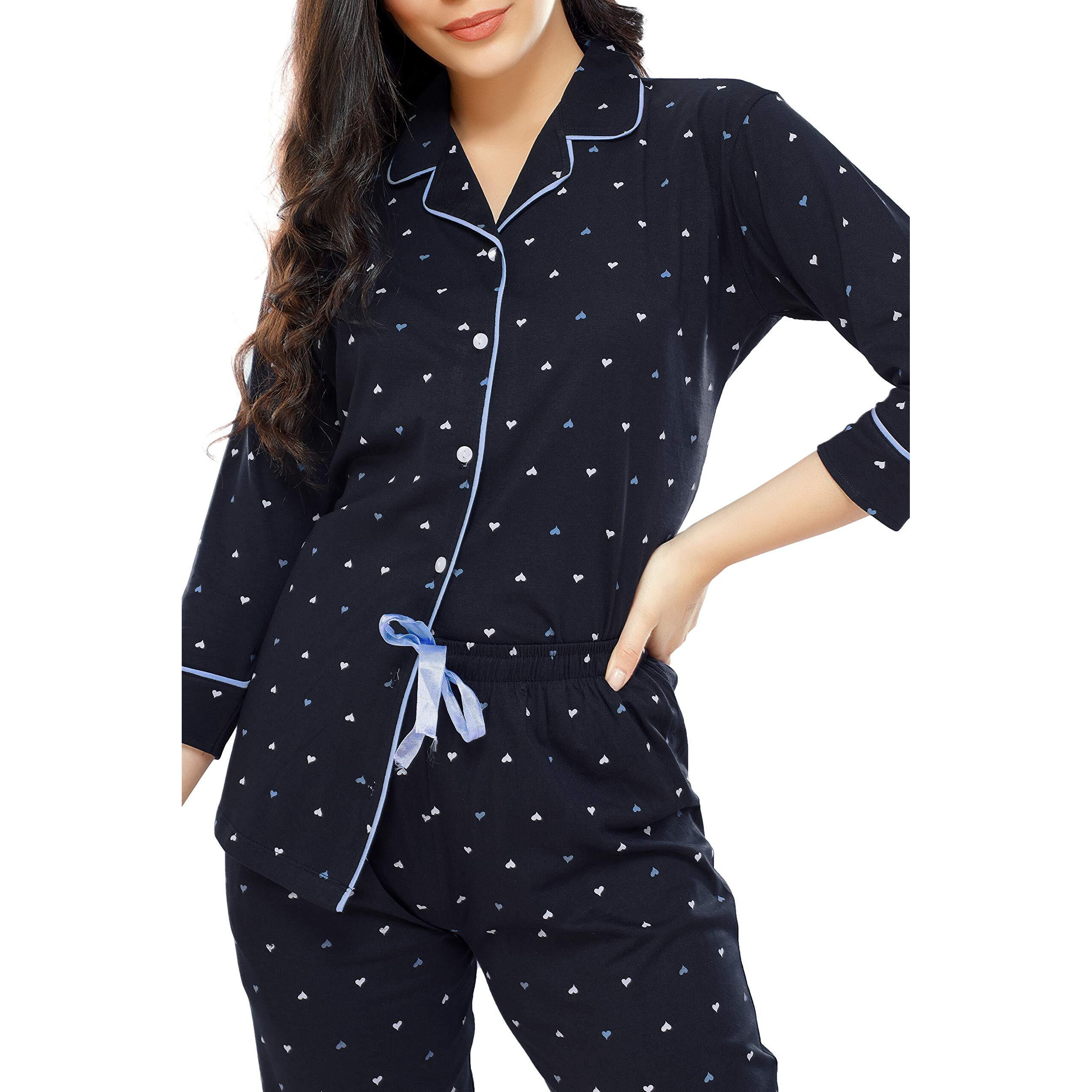 Zeyo Women's Cotton Heart Printed Night Suit Set Of Shirt & Pyjama 5152 (Navy Blue, Xxx-Large)