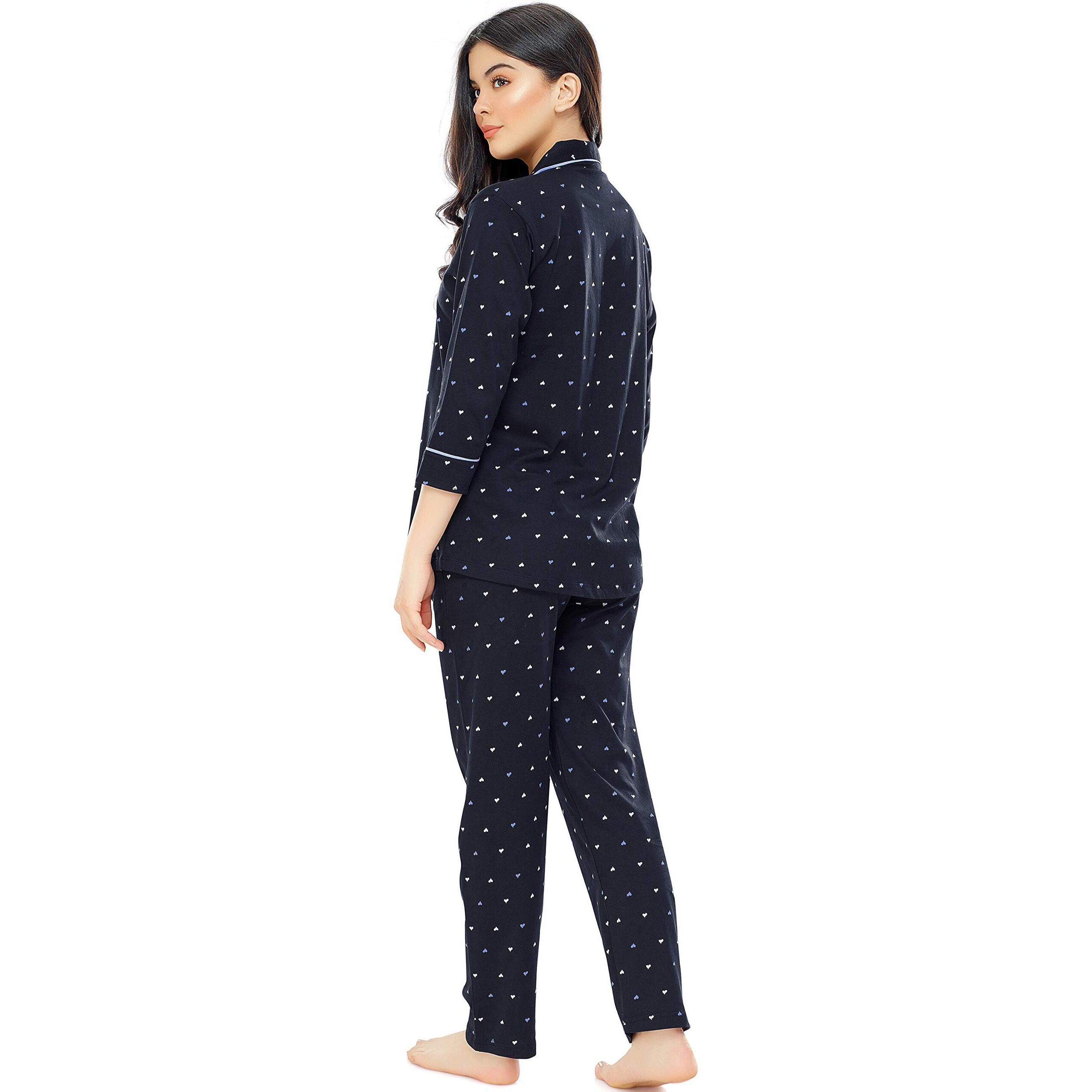 Zeyo Women's Cotton Heart Printed Night Suit Set Of Shirt & Pyjama 5152 (Navy Blue, Xxx-Large)