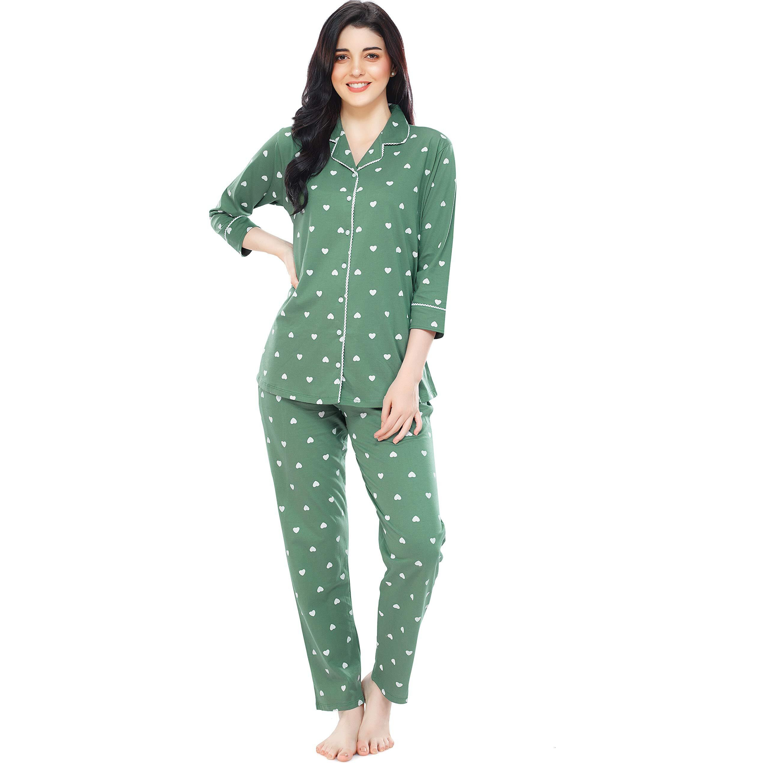 Zeyo Women's Cotton Heart Printed Pajama Set Night Suit Set Of Shirt & Pyjama 5274 (Green 5Xl)