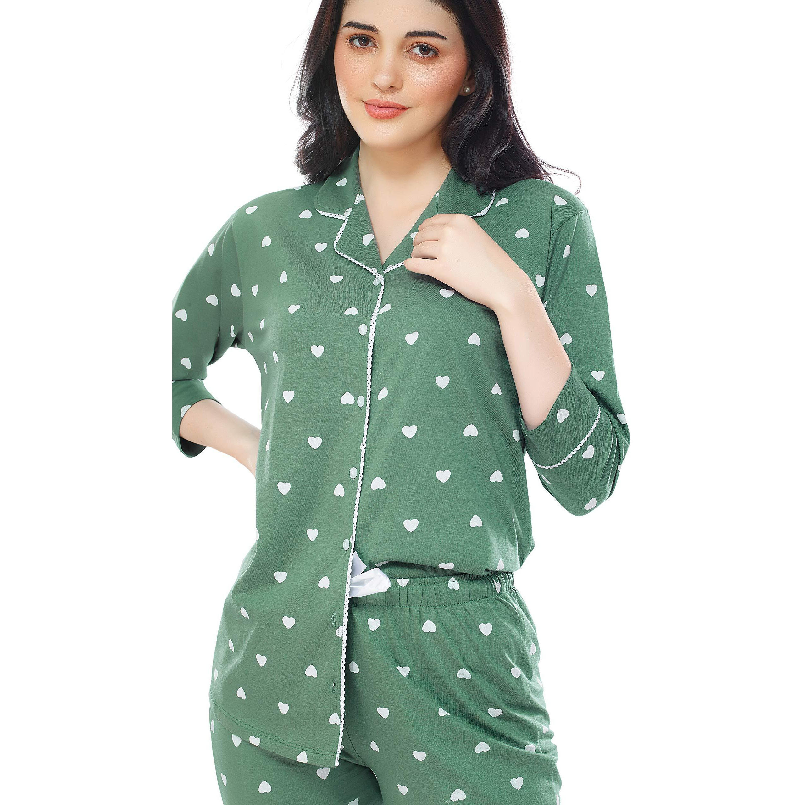Zeyo Women's Cotton Heart Printed Pajama Set Night Suit Set Of Shirt & Pyjama 5274 (Green 5Xl)
