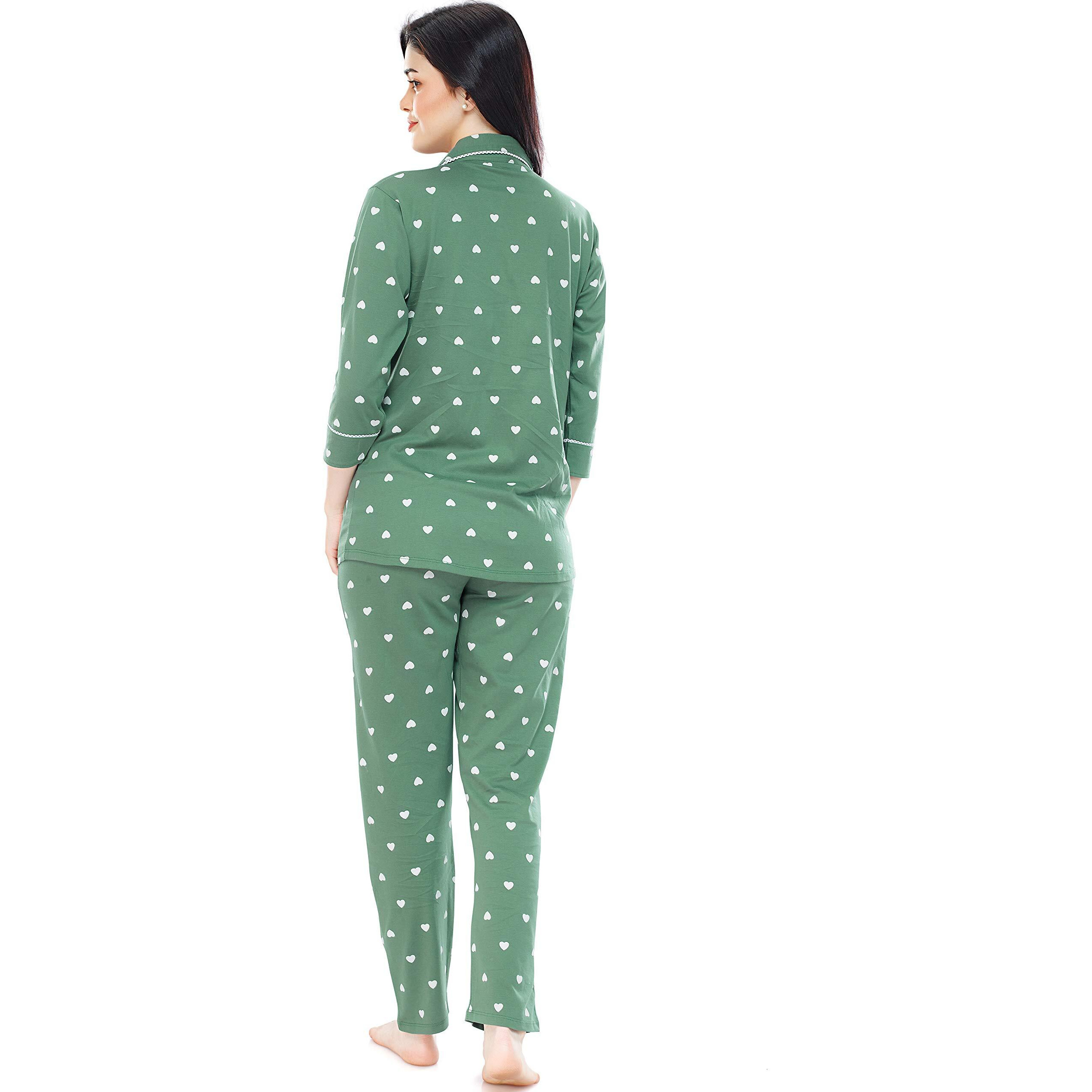 Zeyo Women's Cotton Heart Printed Pajama Set Night Suit Set Of Shirt & Pyjama 5274 (Green 5Xl)