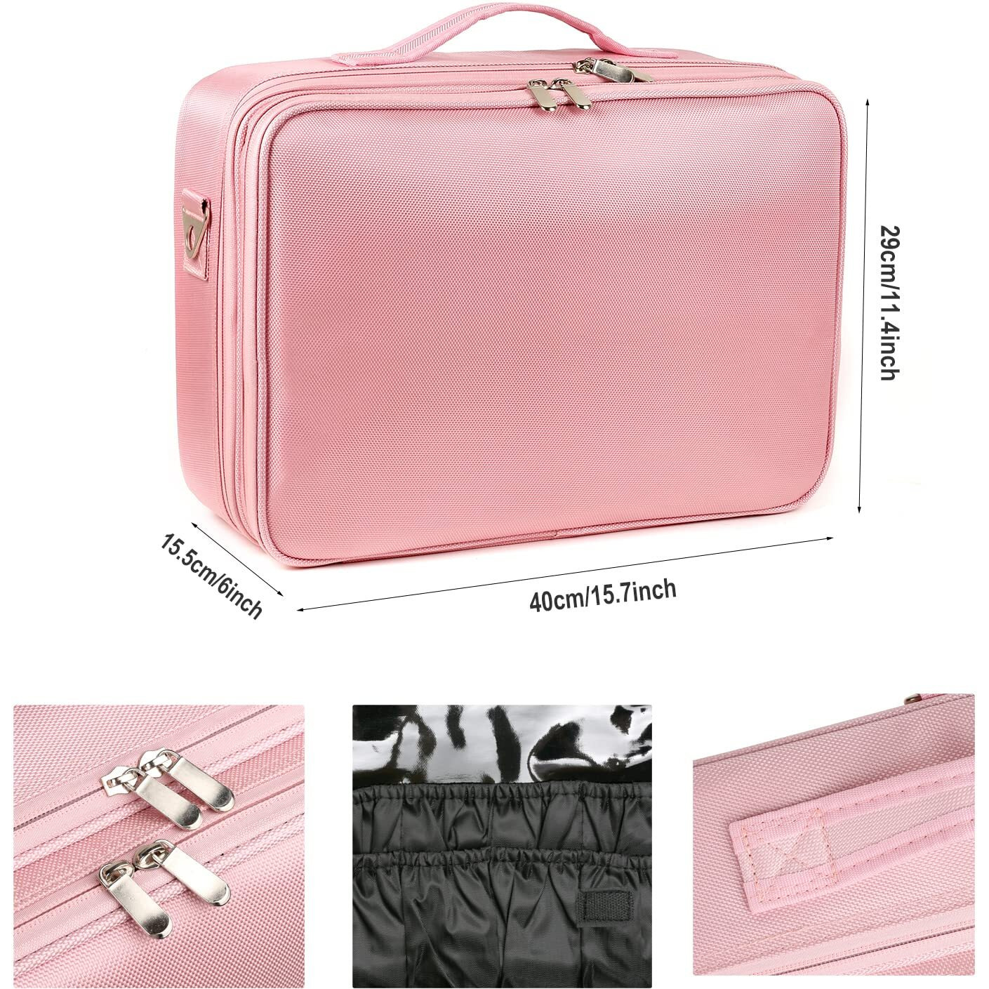 Inovera (Label) Nylon Professional Cosmetic Makeup Storage Organizer Bag With Adjustable Compartment (Rose Gold, Large (40L X 29B X 14H Cm))