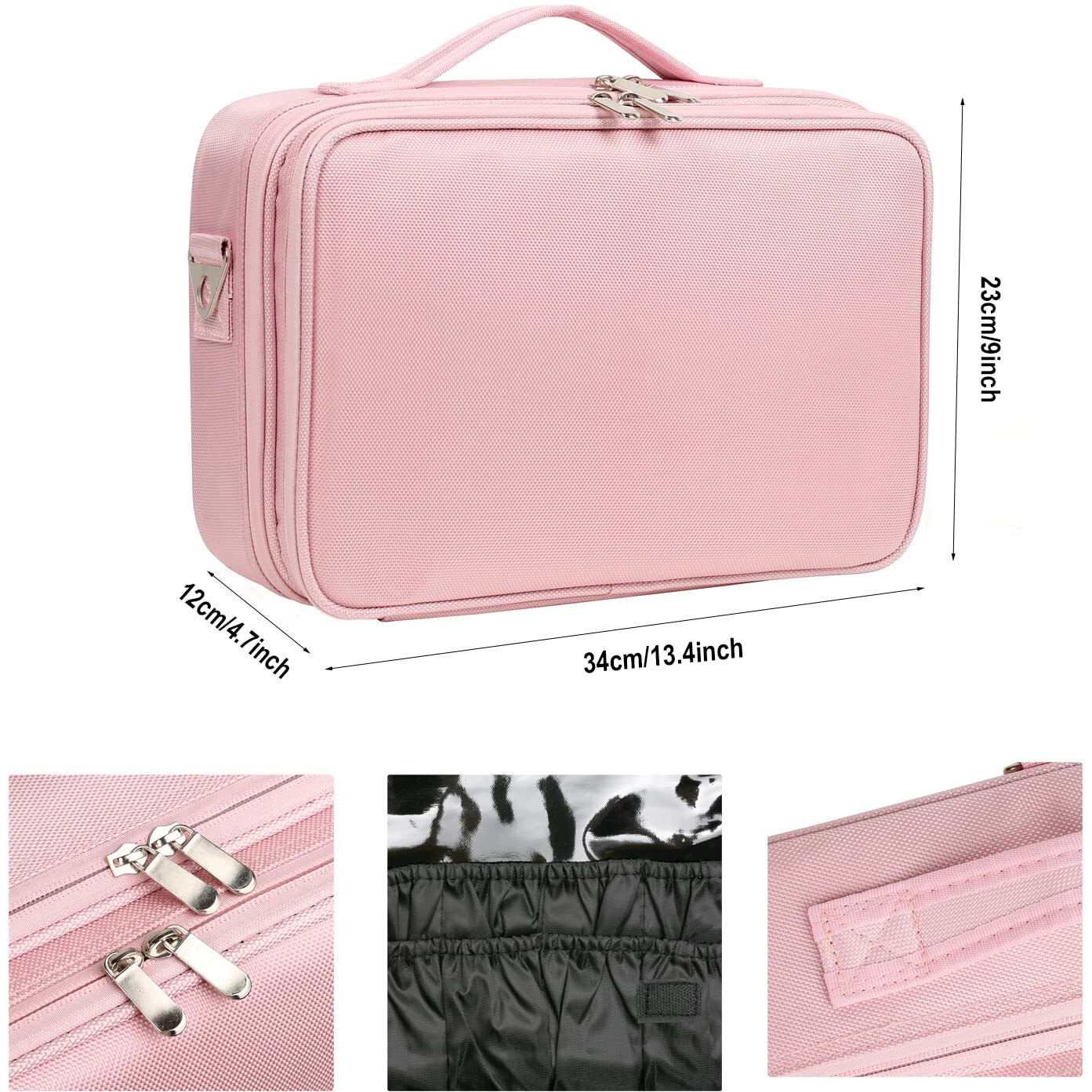 Inovera (Label) Nylon Makeup Organizer Bag,Cosmetic Bag Professional Storage With Adjustable Compartment (Rose Gold, Medium - (34L X 23B X 12H Cm))