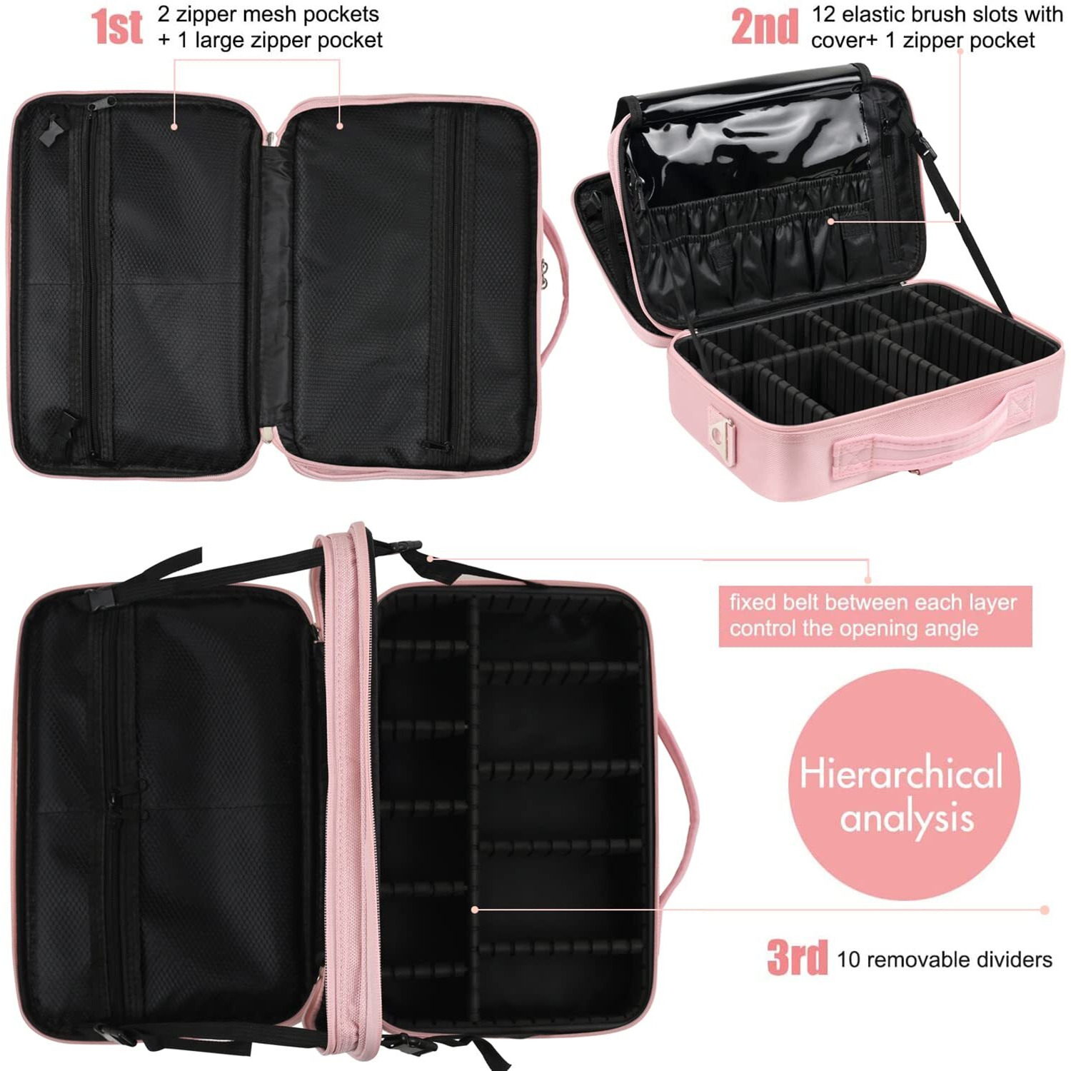 Inovera (Label) Nylon Makeup Organizer Bag,Cosmetic Bag Professional Storage With Adjustable Compartment (Rose Gold, Medium - (34L X 23B X 12H Cm))