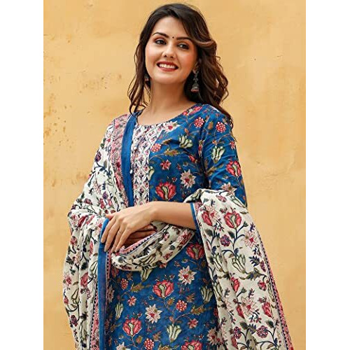 Vaamsi Women's Rayon Blend Floral Printed Straight Kurta Pant With Dupatta (Vkskd1238_Blue_S)