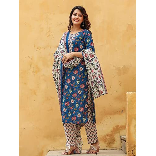 Vaamsi Women's Rayon Blend Floral Printed Straight Kurta Pant With Dupatta (Vkskd1238_Blue_S)