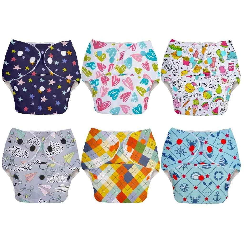 Superbottoms Basic Easy - Pack Of 6 Assorted Freesize Washable & Reusable Waterproof Adjustable Cloth Diaper For Babies 0-3 Years- Outer Shell Only - Print May Vary