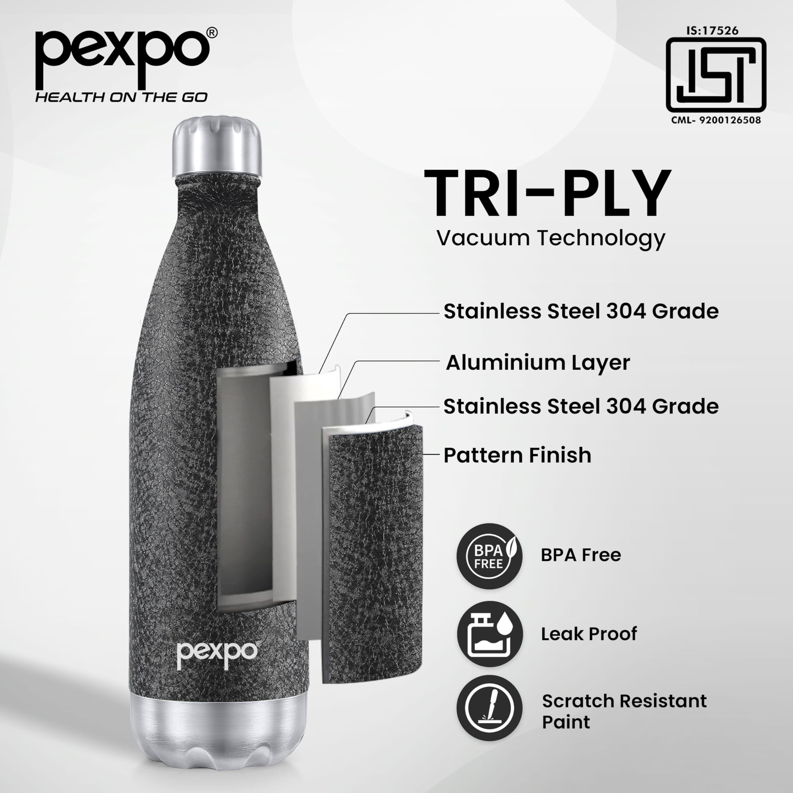 Pexpo Electro Hot & Cold Isi Certified Flask | Stainless Steel Water Bottle - 1000Ml Black, Pack Of 2 | Thermoflask | Office Bottle | Workout | Travelling | Home | Adults & Kids