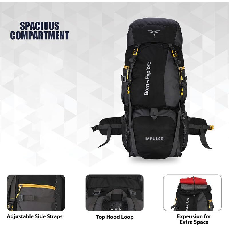 Impulse Rucksack Bags 80 Litres Travel Bag For Men Tourist Bag For Travel Backpack For Hiking Trekking Bag For Men Camping Curve Black With 1 Year Warranty