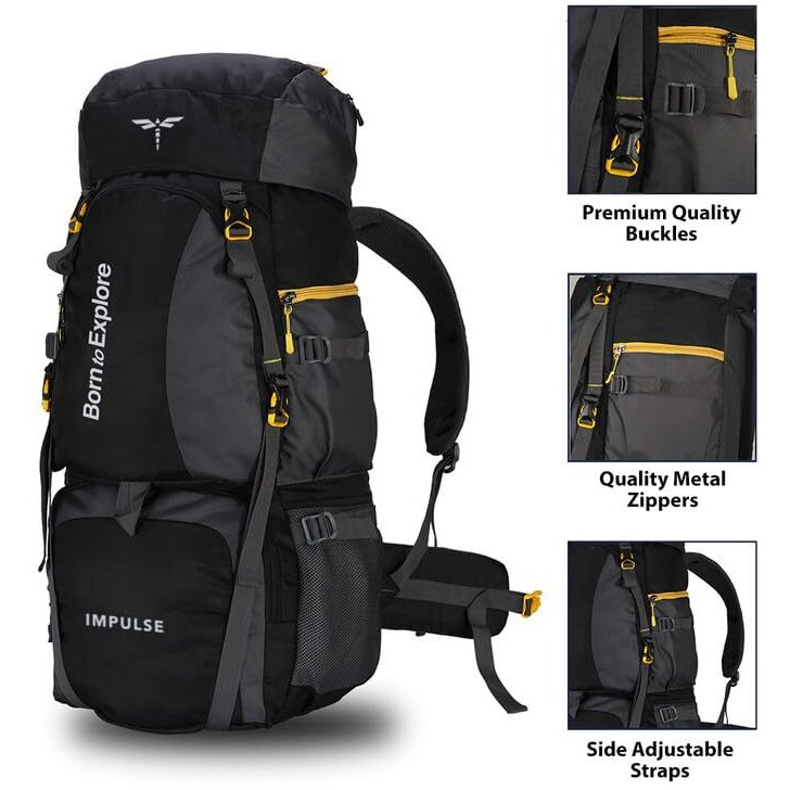 Impulse Rucksack Bags 80 Litres Travel Bag For Men Tourist Bag For Travel Backpack For Hiking Trekking Bag For Men Camping Curve Black With 1 Year Warranty