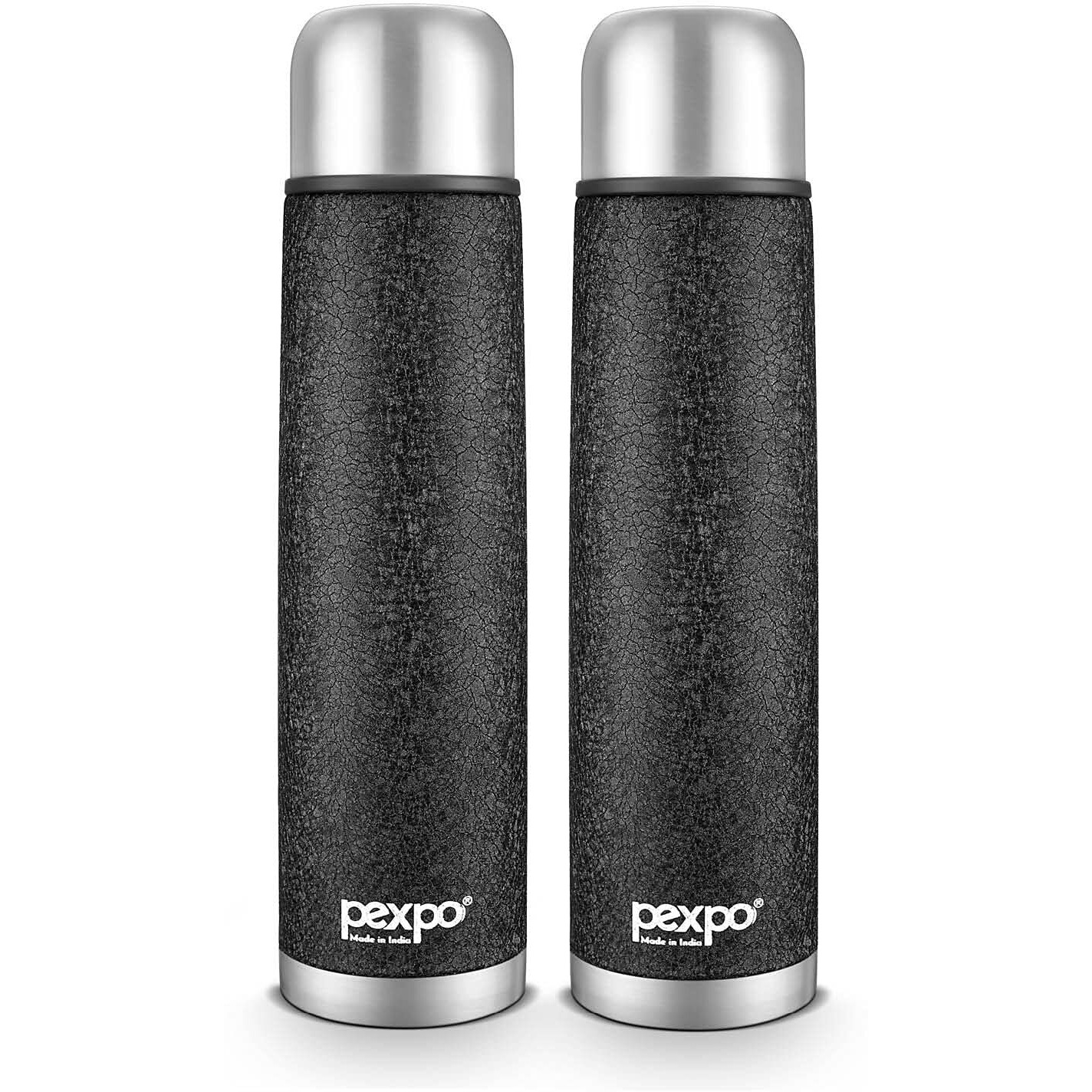 Pexpo Thermosteel Flip Lid Flask Flamingo, 1000 Ml, Black, Pack Of 2 | Stainless Steel Bottle With Jute Bag | Leak Proof | Travelling | School & Trekking | Office | Men, Women & Kids