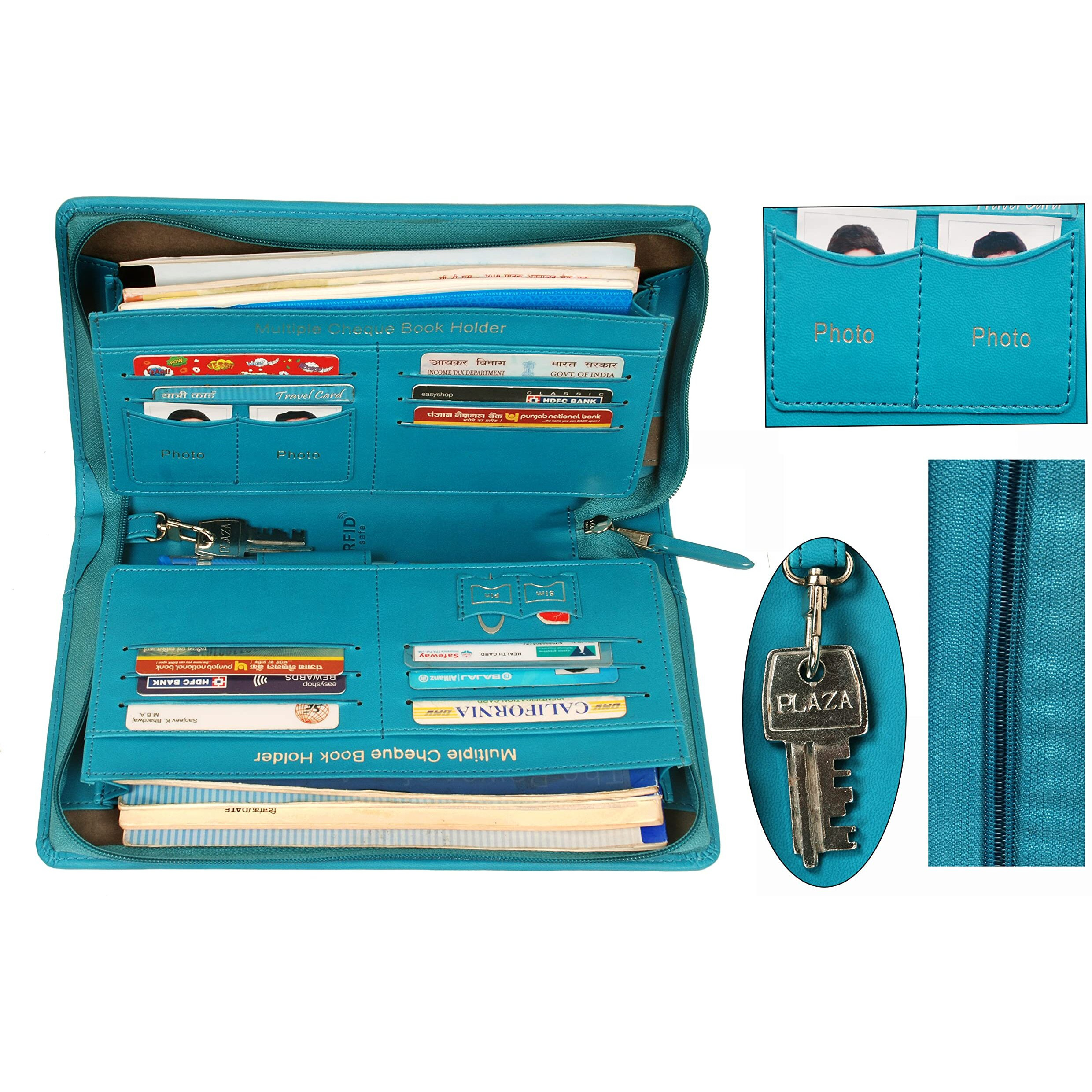 Sukeshcraft Multiple Cheque Book Holder | Original Pu Holds Upto 8 Cheque Books, Locker Key Hook, 2 Photo Slots, 1 Pin-Sim Slot, 13 Credit/Debit Card Slots With Matching Zipper (Pu -Sea Green)