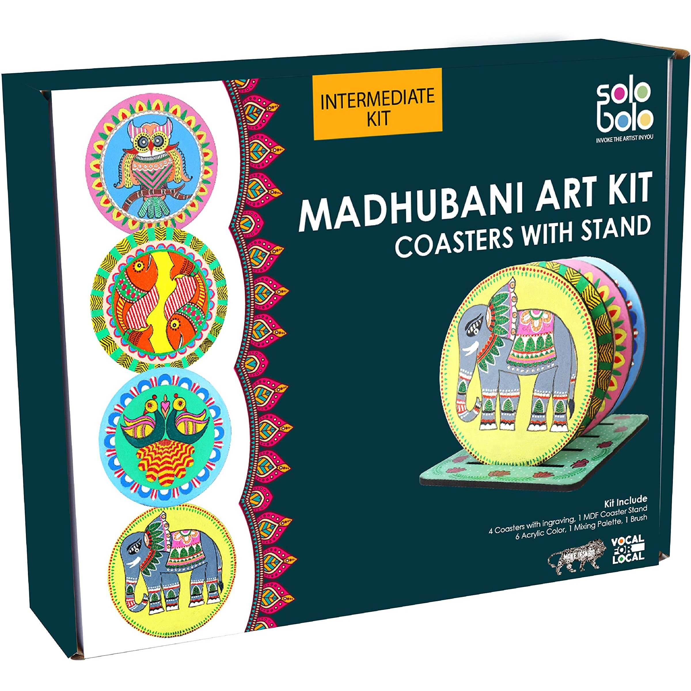 Solobolo Madhubani Painting Kit Tea Coasters With Stand - Art And Craft Kit For Girls 9-12, Coaster Diy Craft Kit, Painting Kit For Kids 6-12, Gift For Children's (Multicolour Wood)