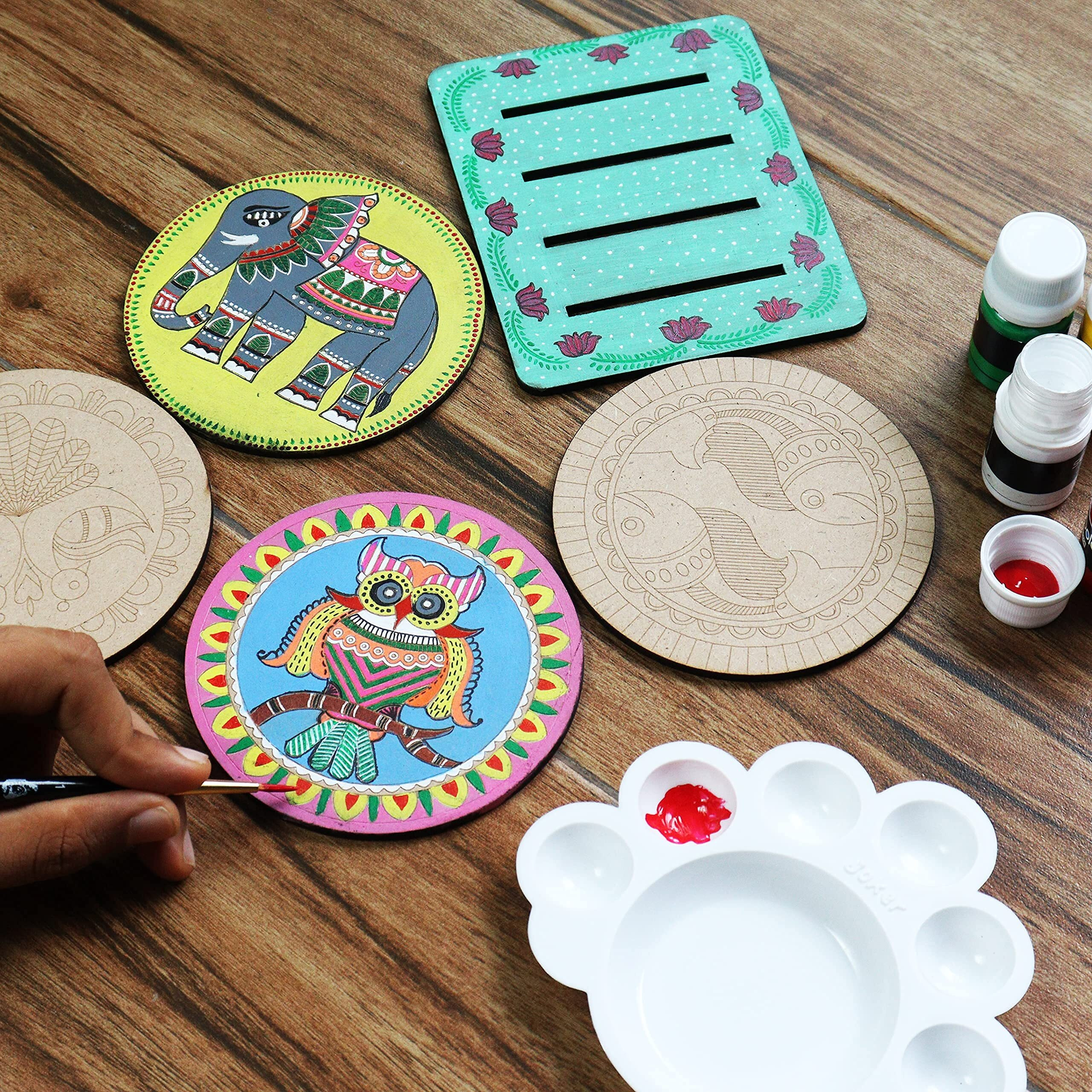 Solobolo Madhubani Painting Kit Tea Coasters With Stand - Art And Craft Kit For Girls 9-12, Coaster Diy Craft Kit, Painting Kit For Kids 6-12, Gift For Children's (Multicolour Wood)