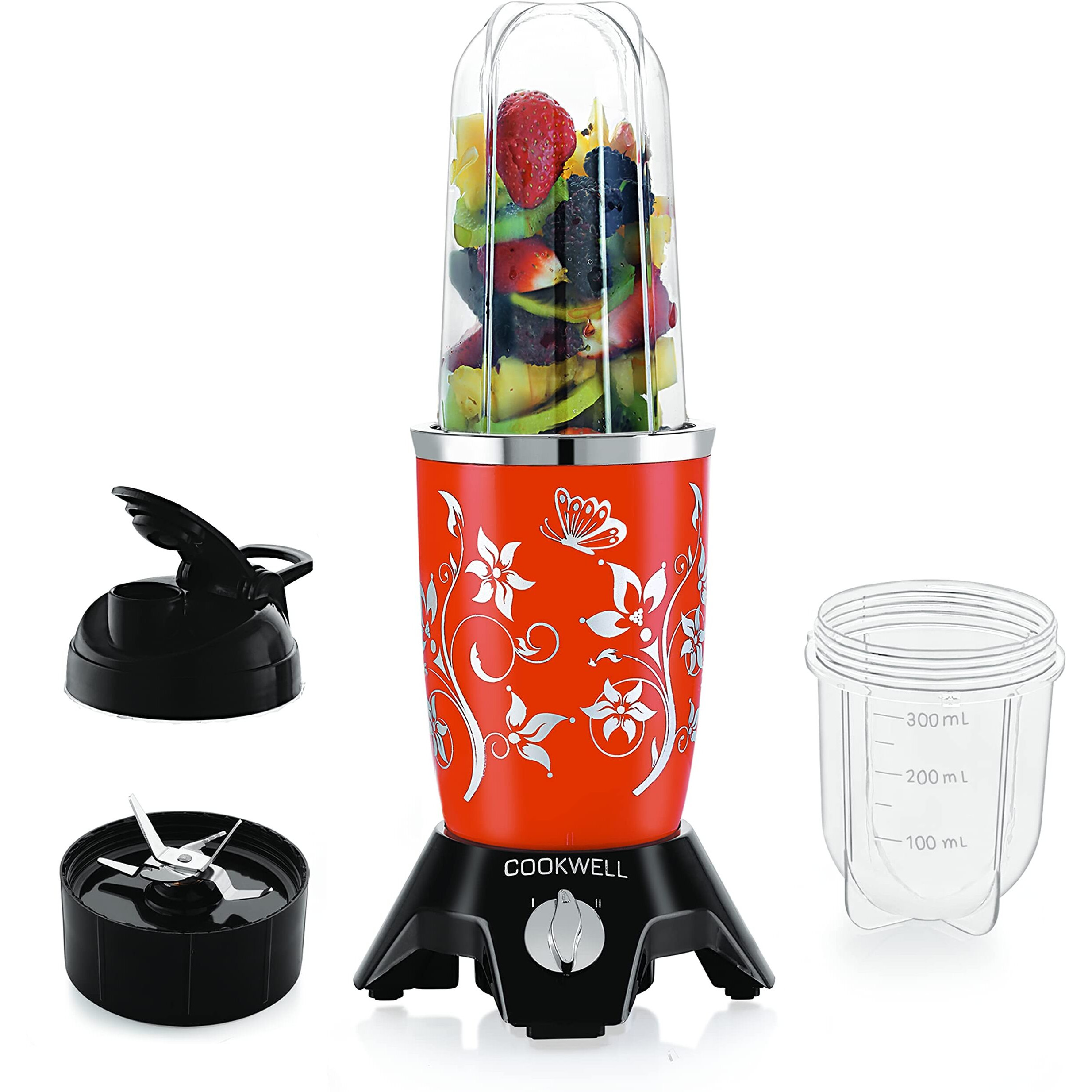 Cookwell Bullet Mixer Grinder (2 Jars, 1 Blade, Red) - Copper, 600 Watts - 2 Year Warranty