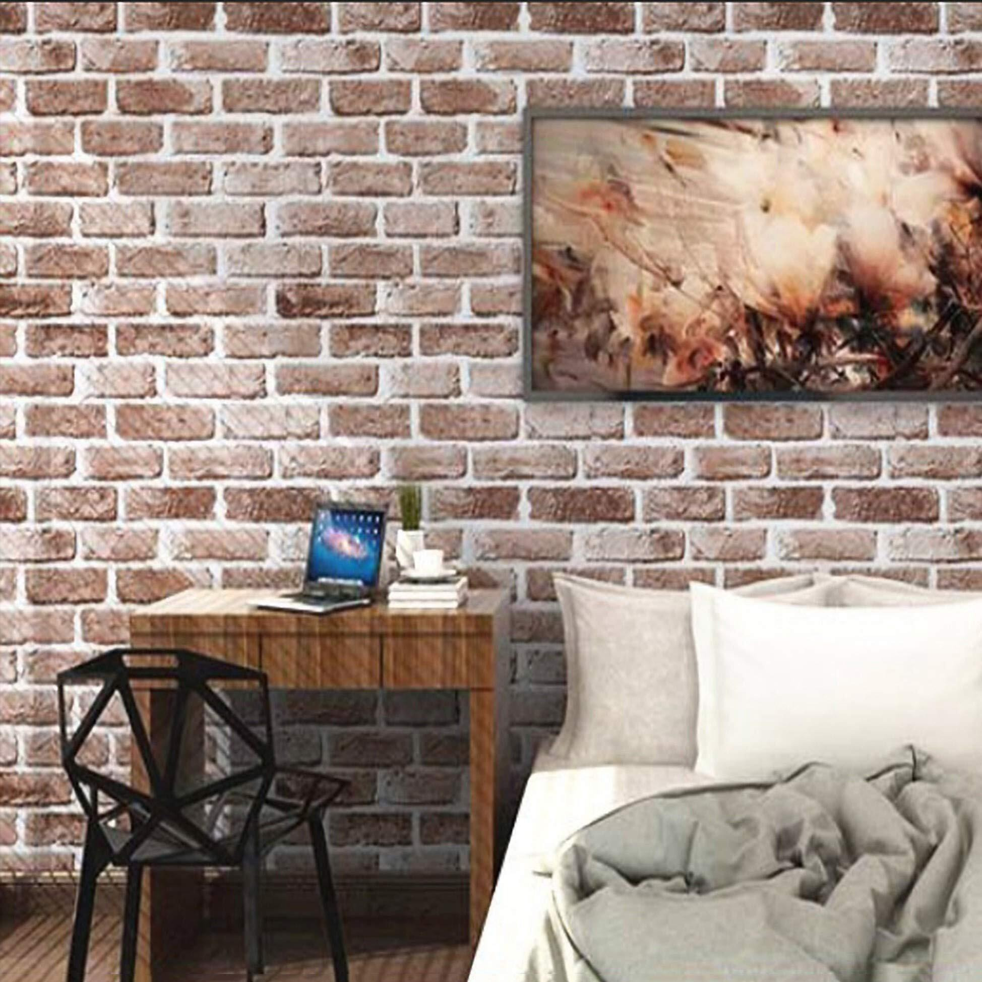 Wolpin Wall Stickers Diy Wallpaper Decal (45 Cm X 10 M) 3D Brick Pvc Vinyl Self Adhesive House Decorative, Living Room, Contact Paper Interior, Diana Brown