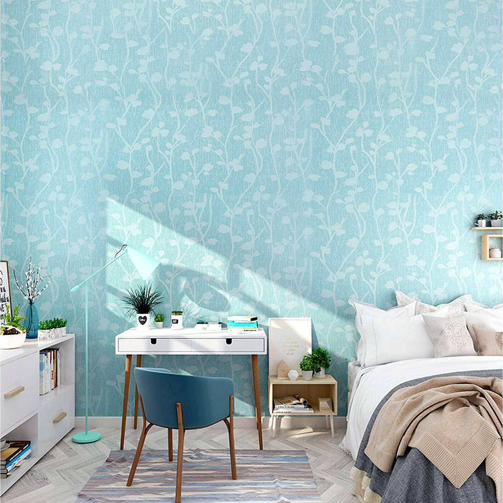 Wolpin Wall Stickers Botanical Wallpaper For Home Butterfly Leaves (45 X 600 Cm) Living Room Kids Bedroom Decoration Embossed Self Adhesive Nature Diy, Blue