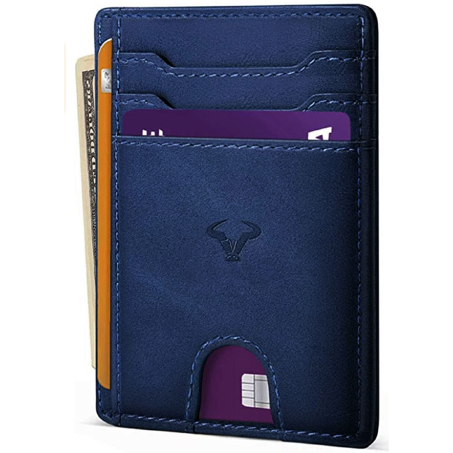 Contacts Genuine Leather Slim Wallet | Rfid Blocking Skinny Minimal Thin Front Pocket Wallet Sleeve Card Holder For Men | 7 Card Slots, 1 Id Window (Blue)